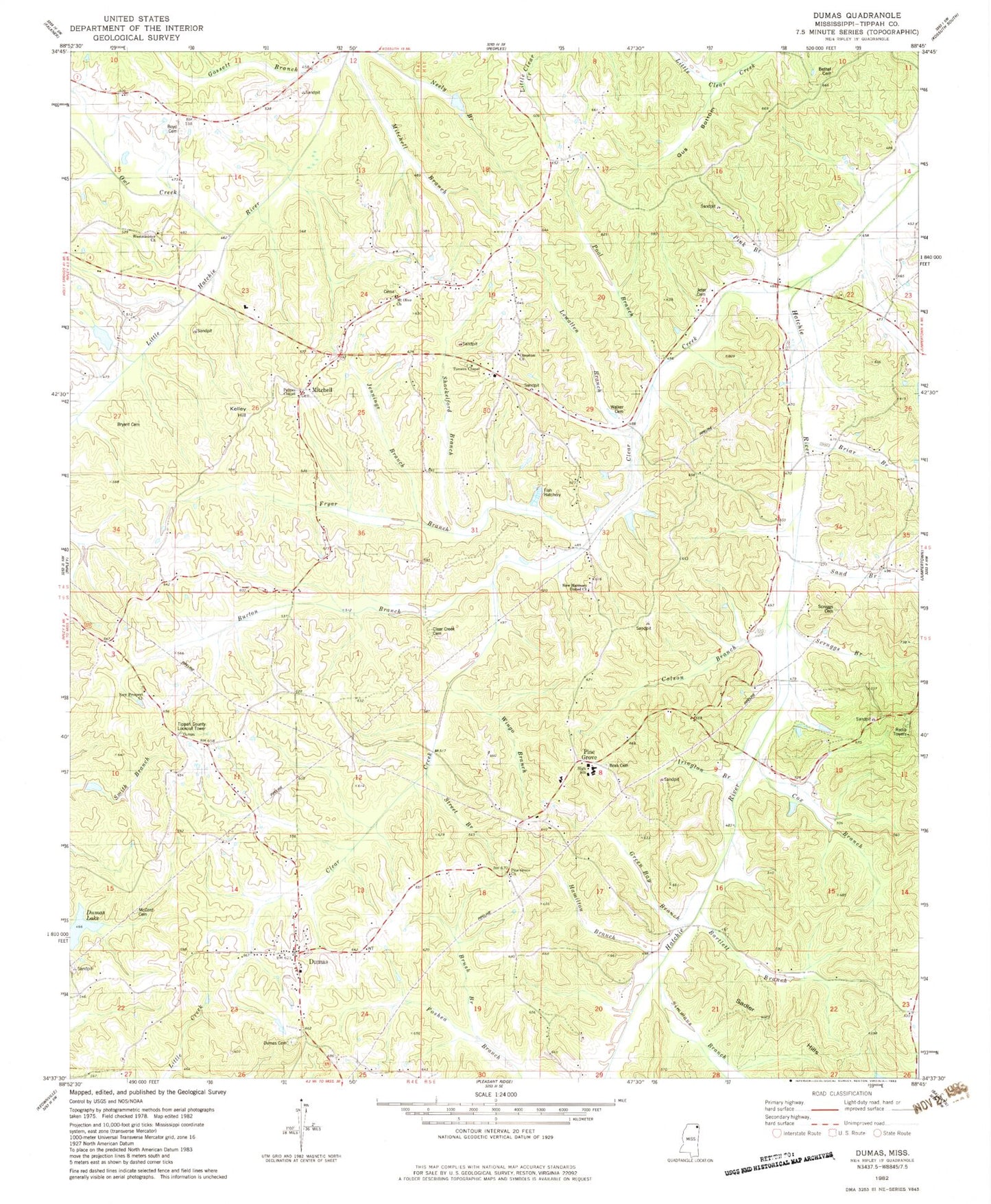 Classic USGS Dumas Mississippi 7.5'x7.5' Topo Map Image