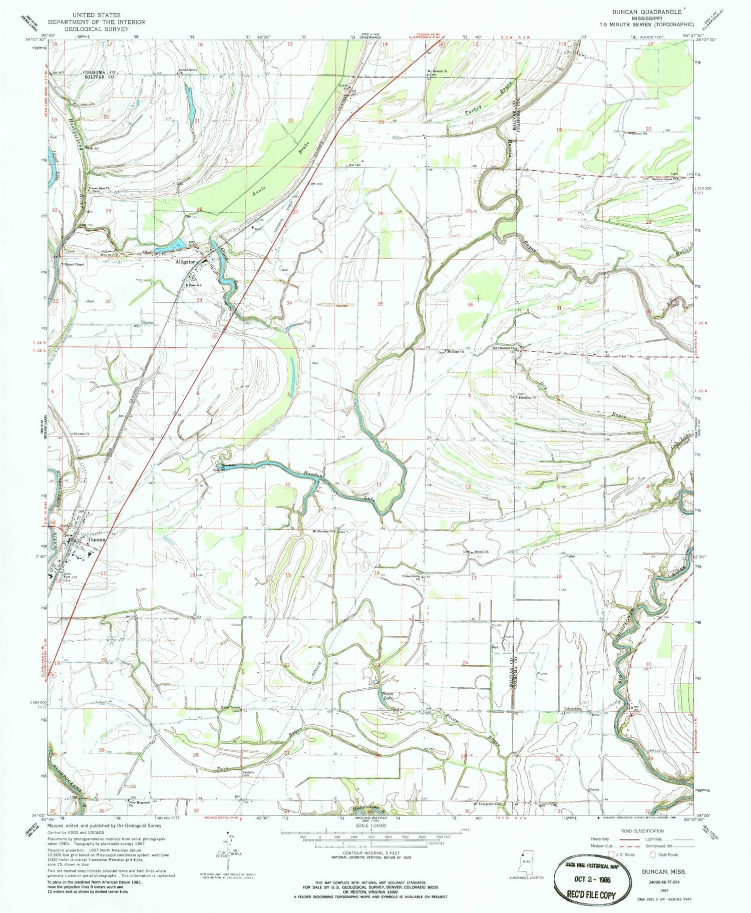 Classic USGS Duncan Mississippi 7.5'x7.5' Topo Map Image