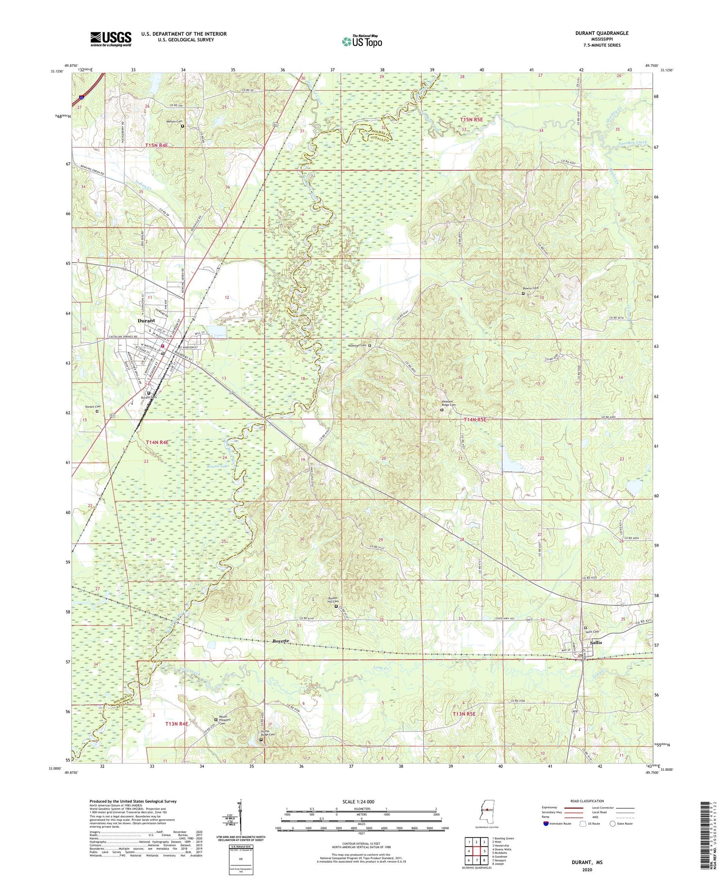 Durant Mississippi US Topo Map Image