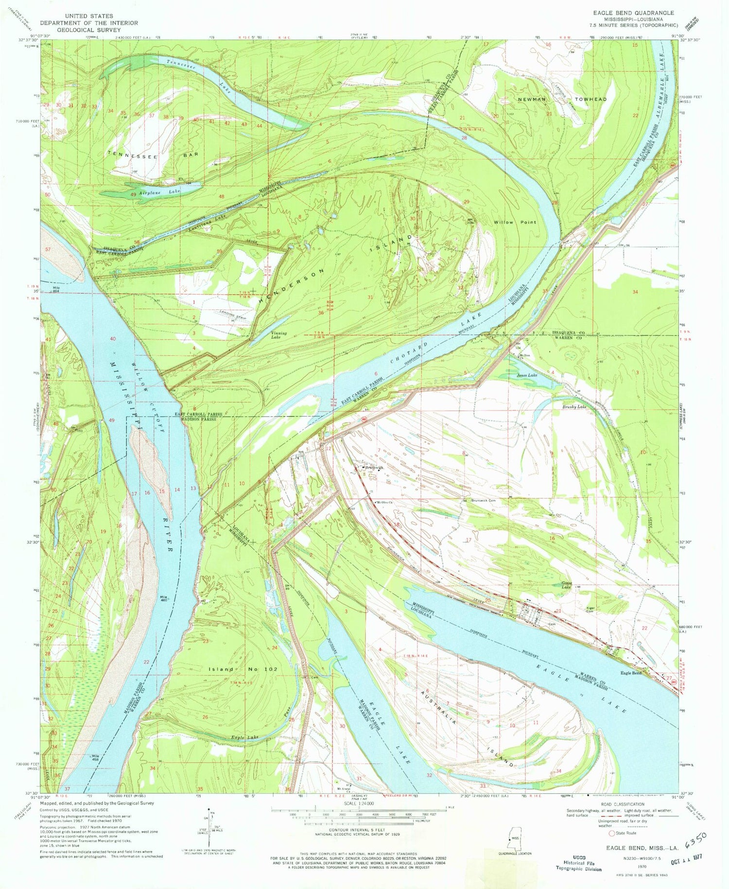 Classic USGS Eagle Bend Mississippi 7.5'x7.5' Topo Map Image