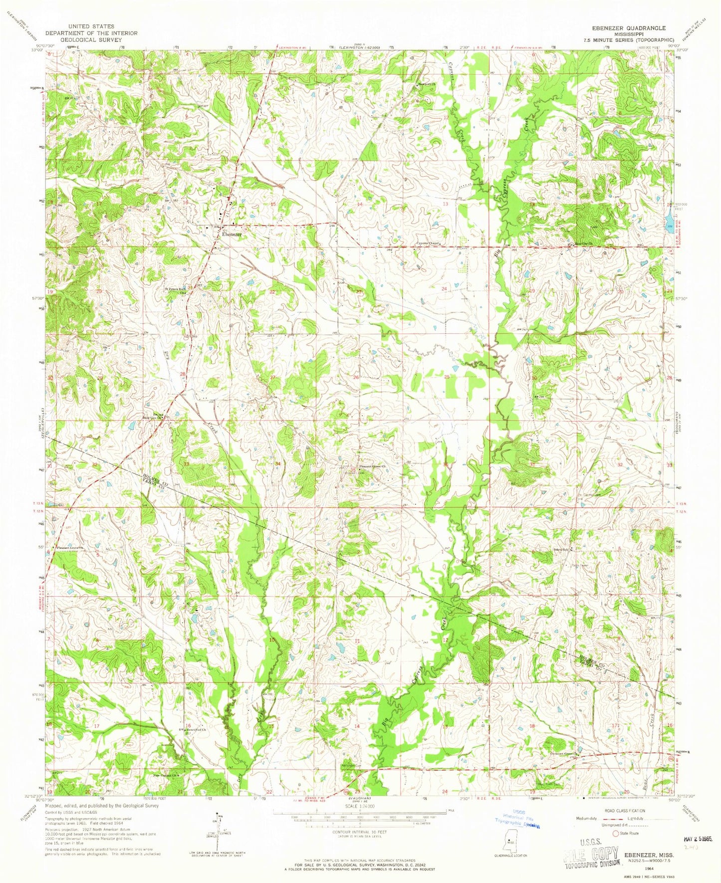 Classic USGS Ebenezer Mississippi 7.5'x7.5' Topo Map Image