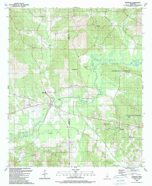 Classic USGS Edinburg Mississippi 7.5'x7.5' Topo Map Image