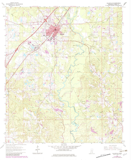 Classic USGS Ellisville Mississippi 7.5'x7.5' Topo Map Image