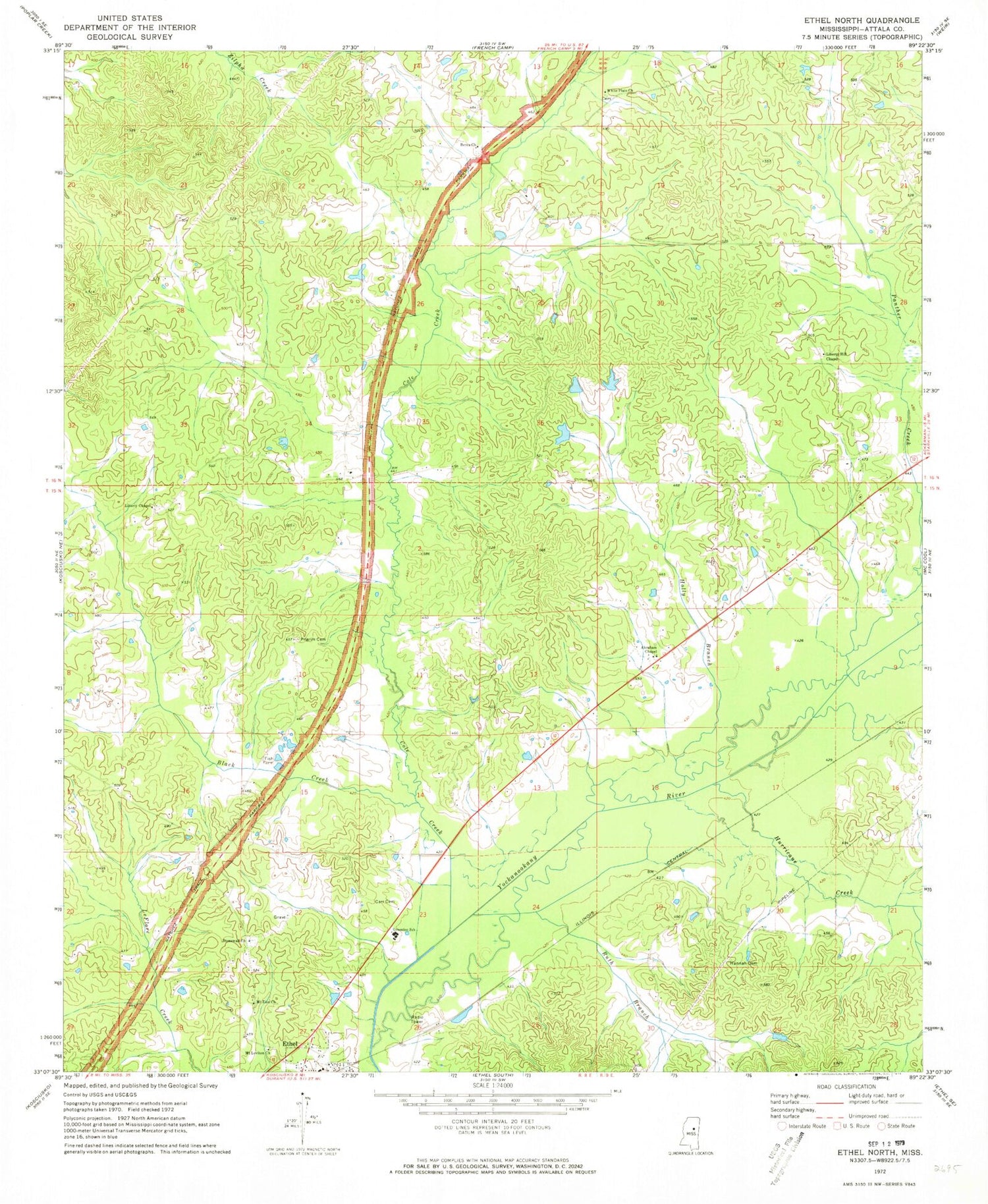 Classic USGS Ethel North Mississippi 7.5'x7.5' Topo Map Image