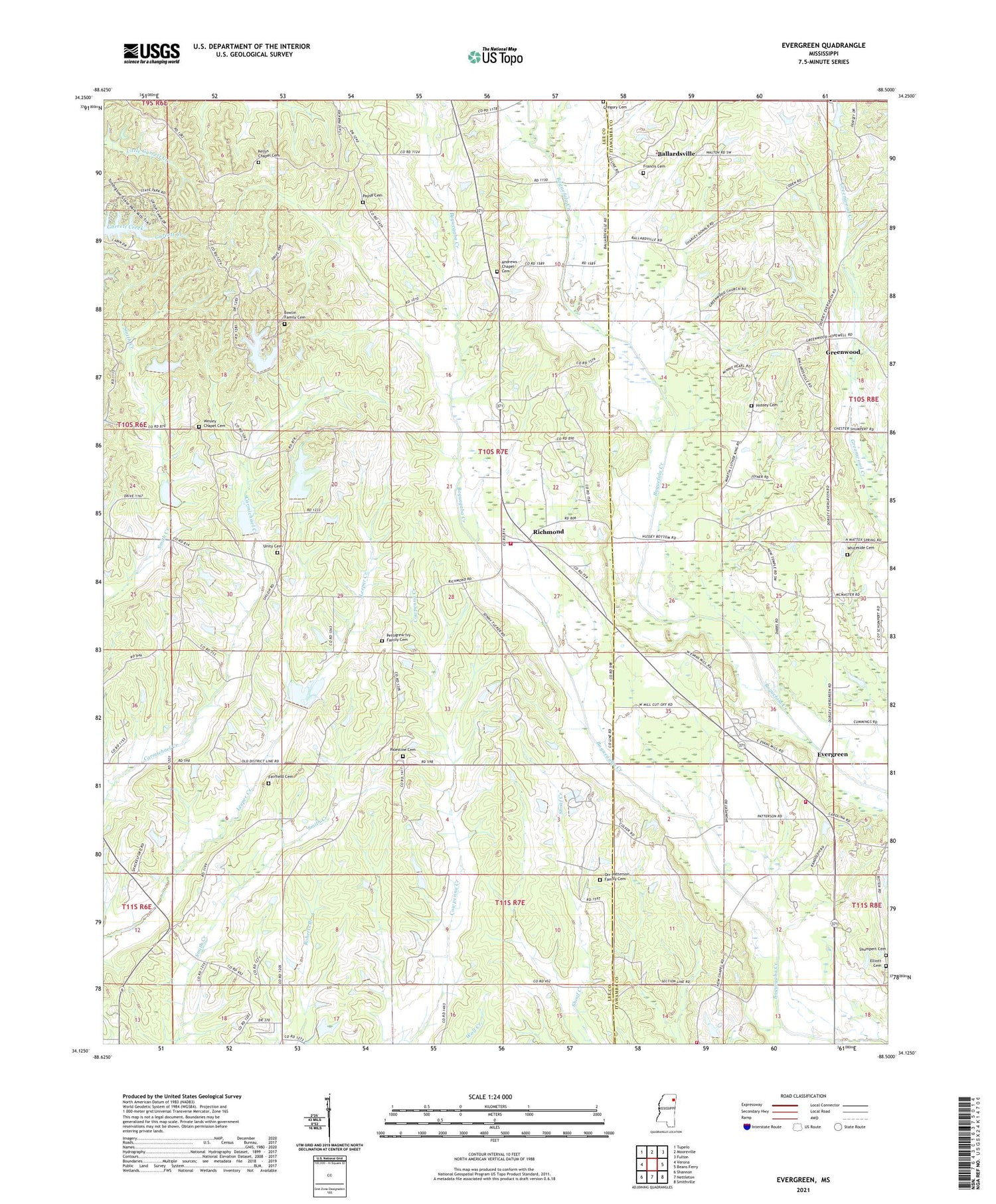 Evergreen Mississippi US Topo Map Image