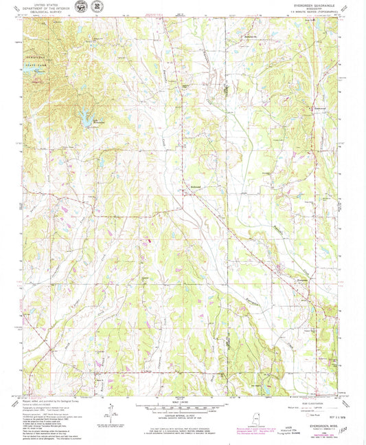 Classic USGS Evergreen Mississippi 7.5'x7.5' Topo Map Image