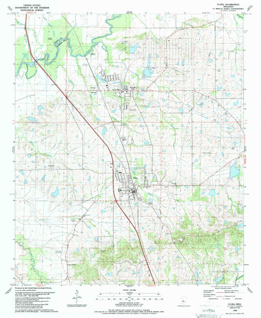 Classic USGS Flora Mississippi 7.5'x7.5' Topo Map Image