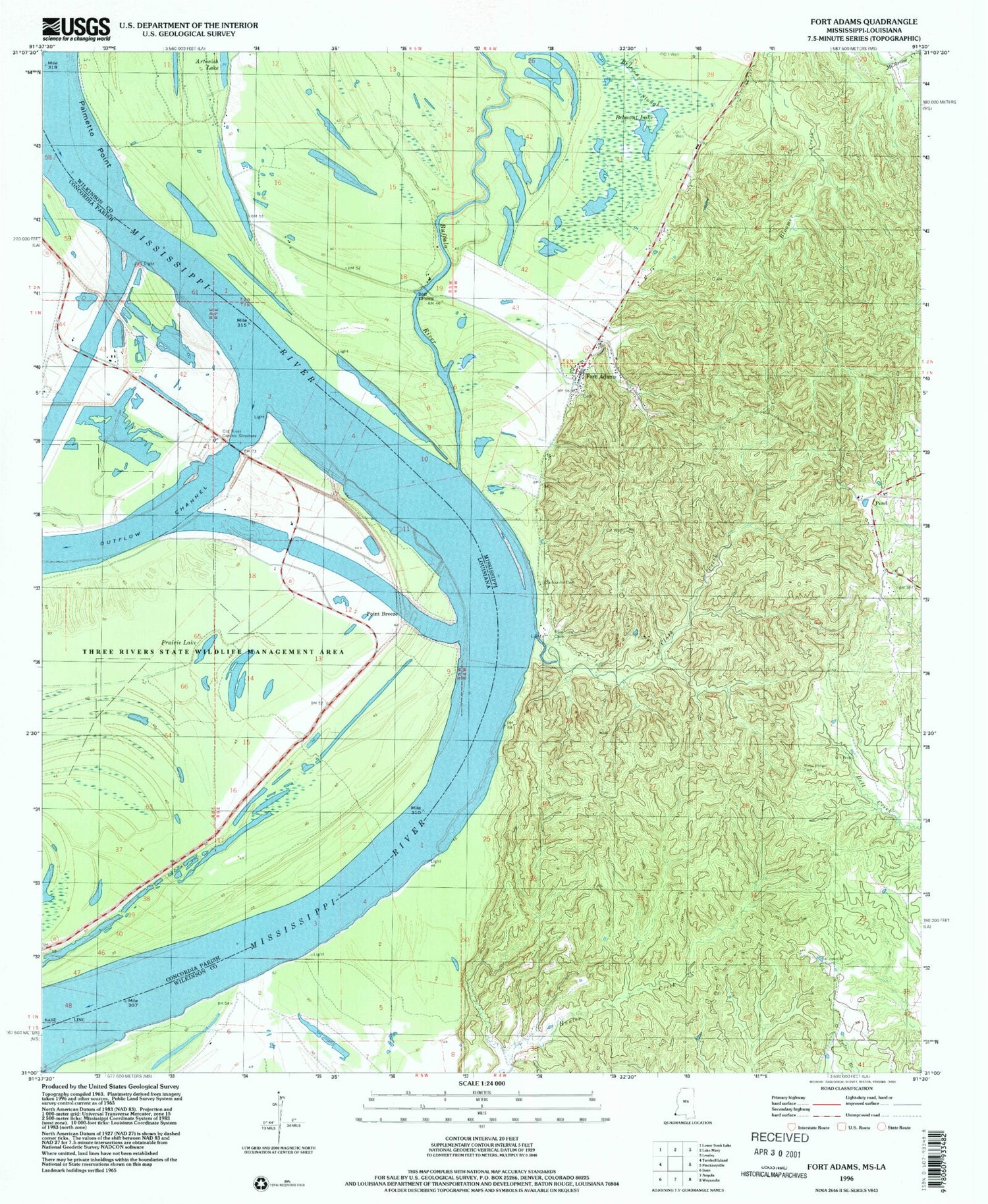 Classic USGS Fort Adams Mississippi 7.5'x7.5' Topo Map Image