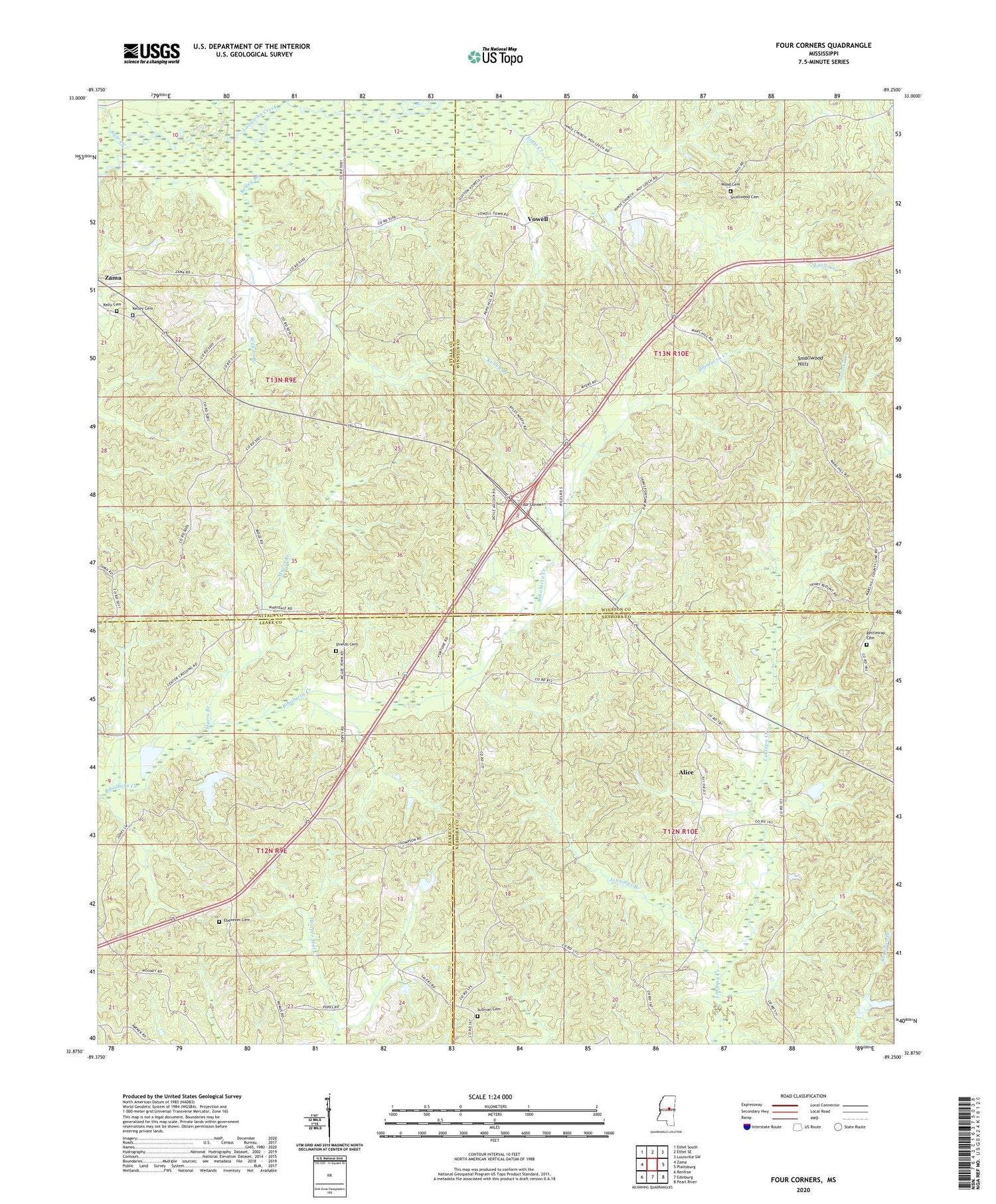 Four Corners Mississippi US Topo Map Image
