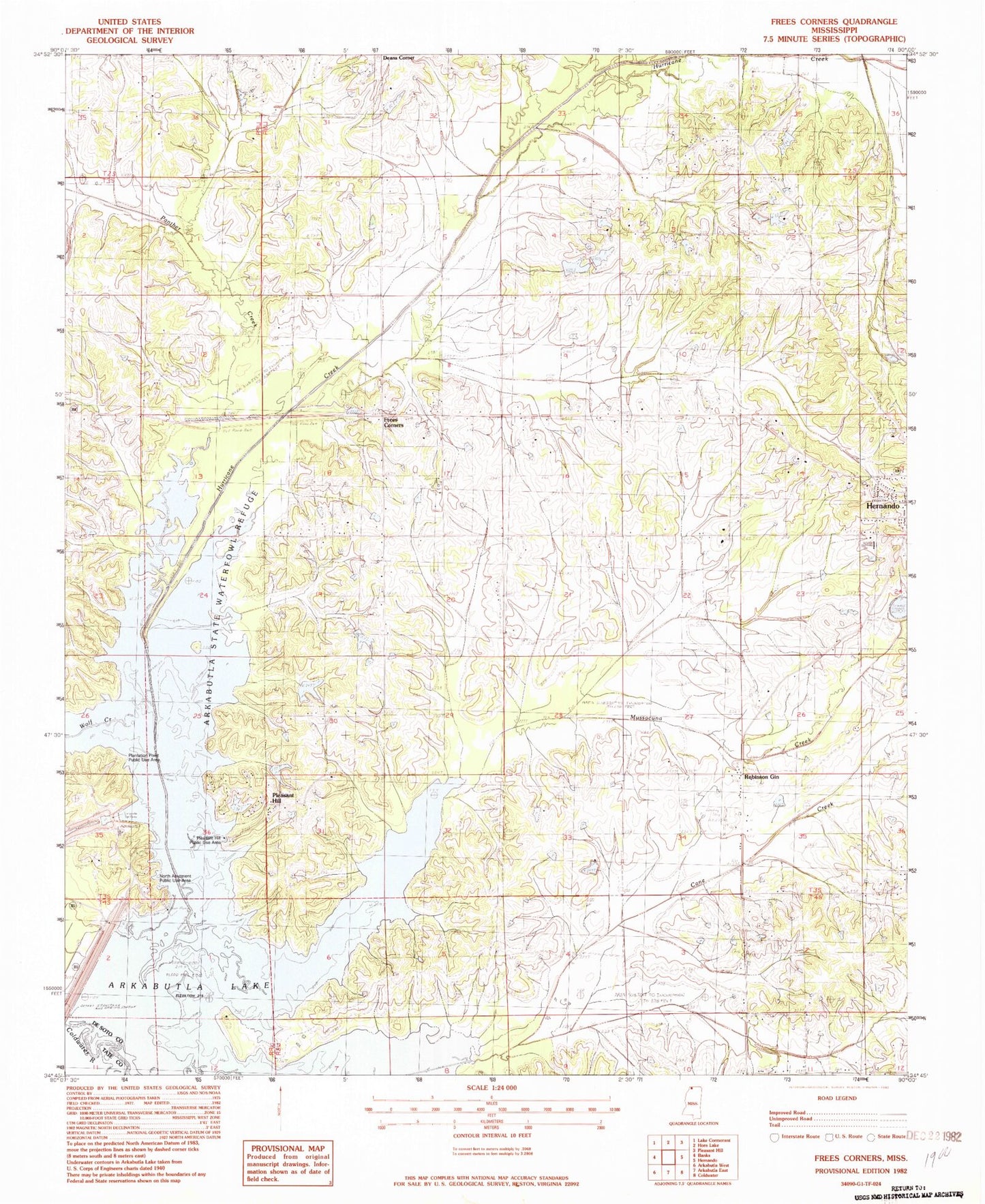 Classic USGS Frees Corners Mississippi 7.5'x7.5' Topo Map Image
