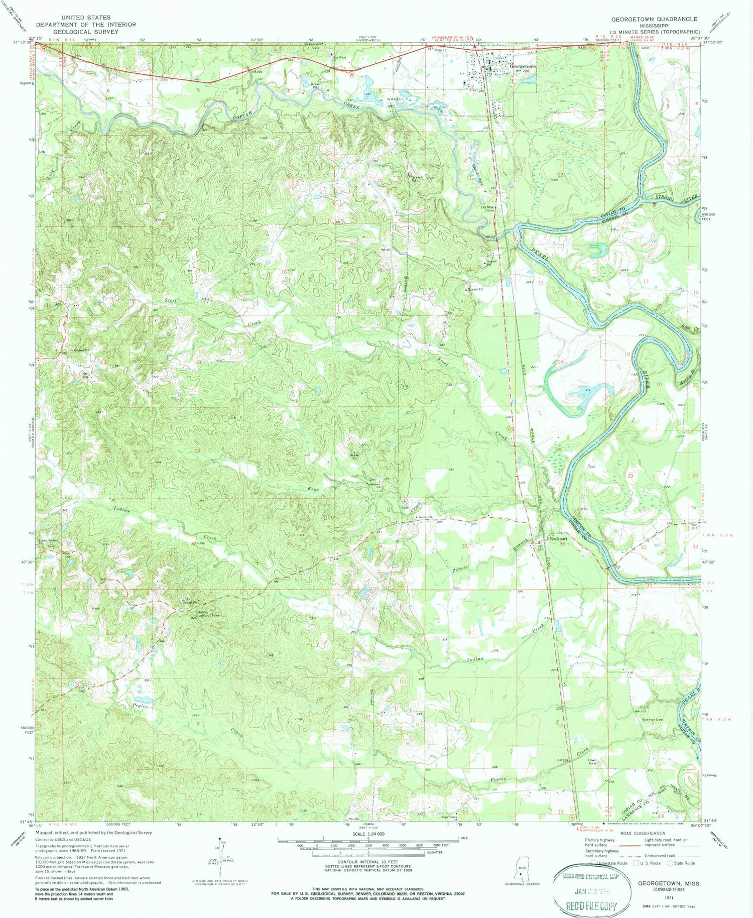 Classic USGS Georgetown Mississippi 7.5'x7.5' Topo Map Image