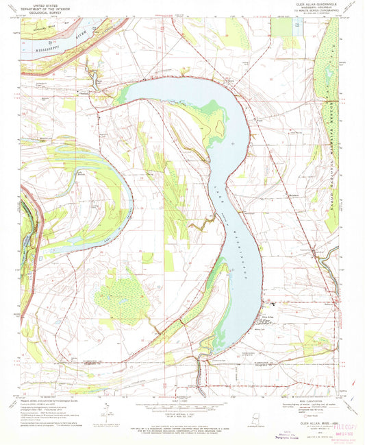 Classic USGS Glen Allan Mississippi 7.5'x7.5' Topo Map Image