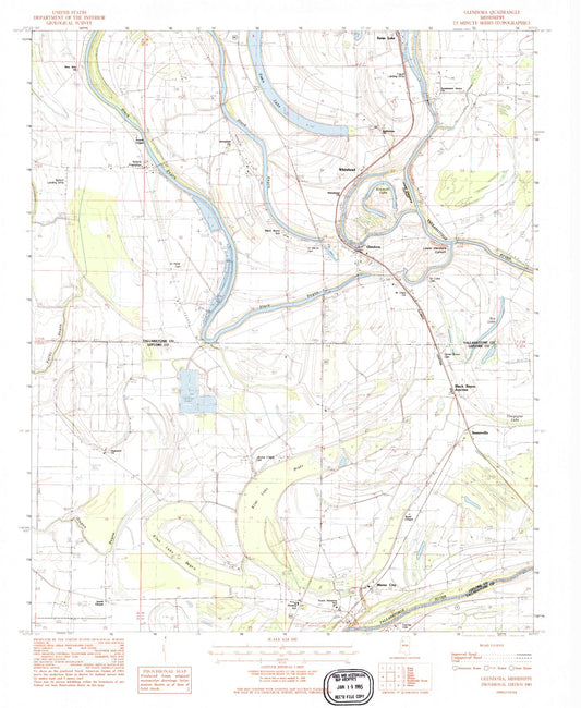Classic USGS Glendora Mississippi 7.5'x7.5' Topo Map Image