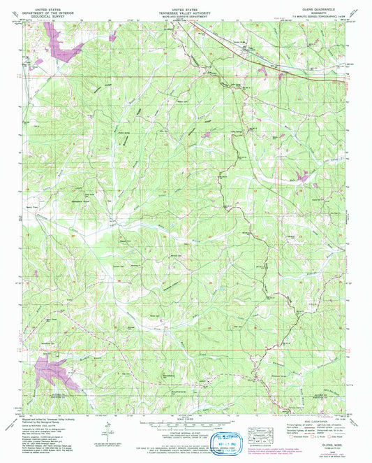 Classic USGS Glens Mississippi 7.5'x7.5' Topo Map Image