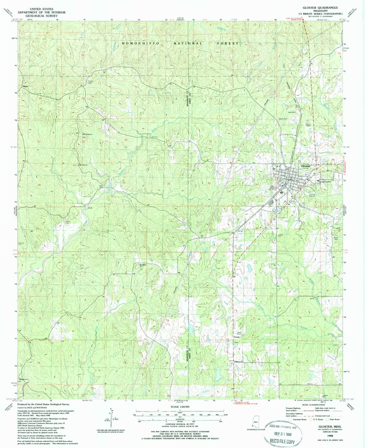 Classic USGS Gloster Mississippi 7.5'x7.5' Topo Map Image