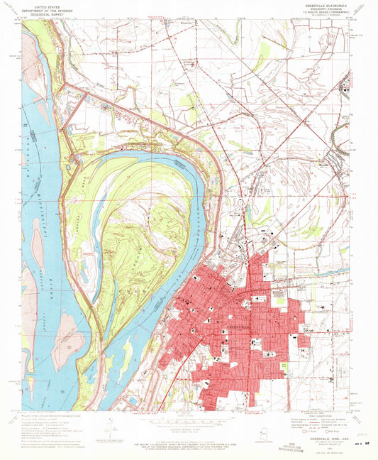Classic USGS Greenville Mississippi 7.5'x7.5' Topo Map Image