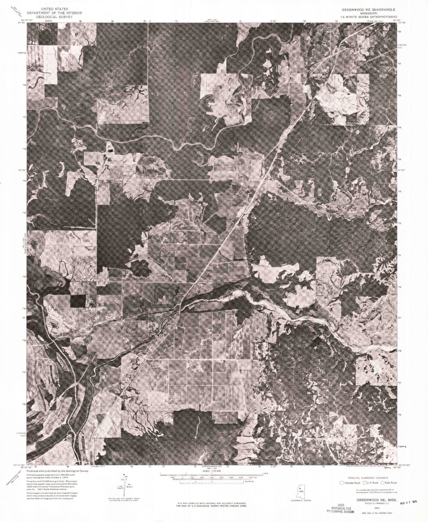 Classic USGS Avalon Mississippi 7.5'x7.5' Topo Map Image