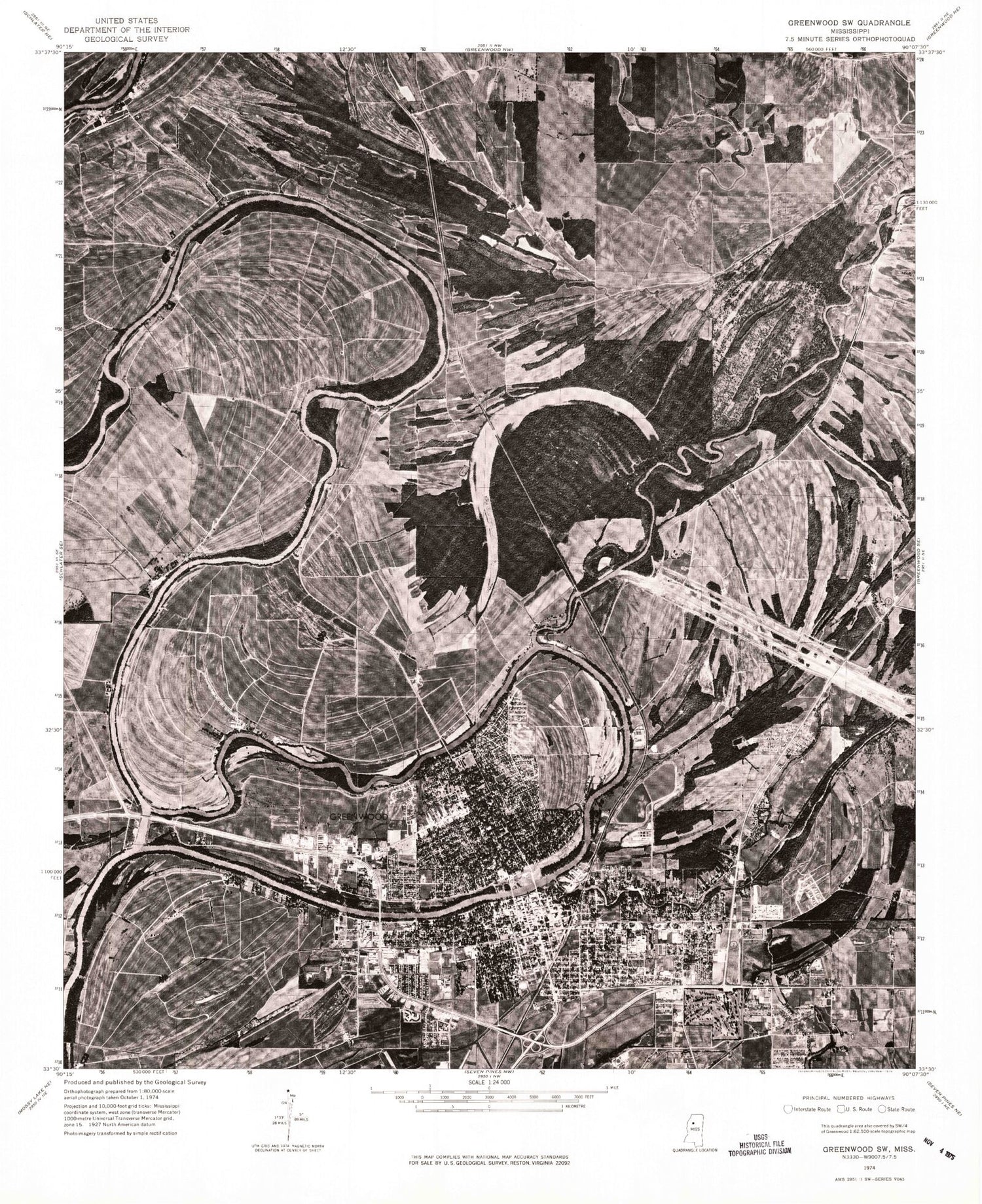 Classic USGS Greenwood Mississippi 7.5'x7.5' Topo Map Image