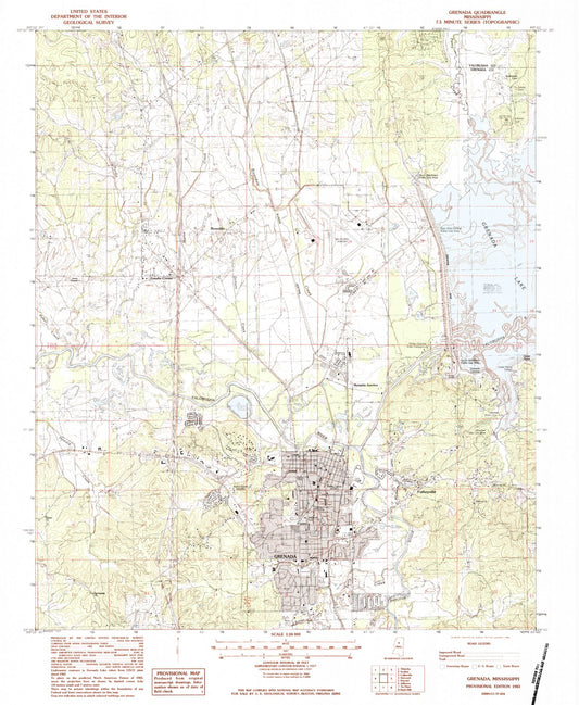 Classic USGS Grenada Mississippi 7.5'x7.5' Topo Map Image