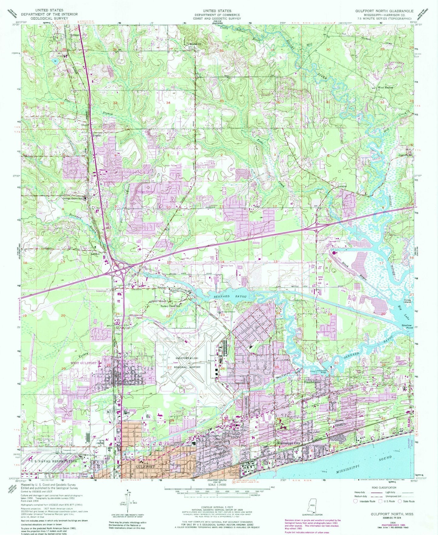 Classic USGS Gulfport North Mississippi 7.5'x7.5' Topo Map Image