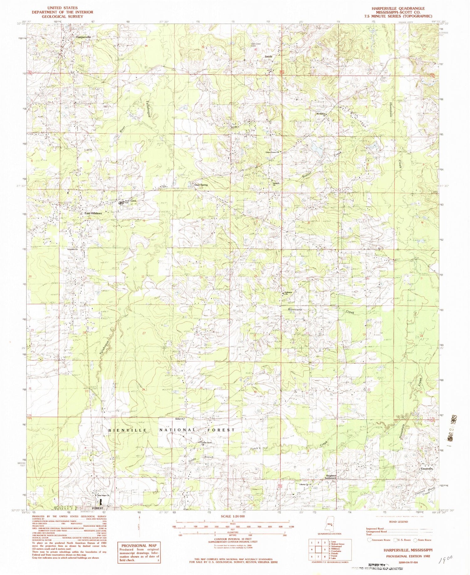Classic USGS Harperville Mississippi 7.5'x7.5' Topo Map Image