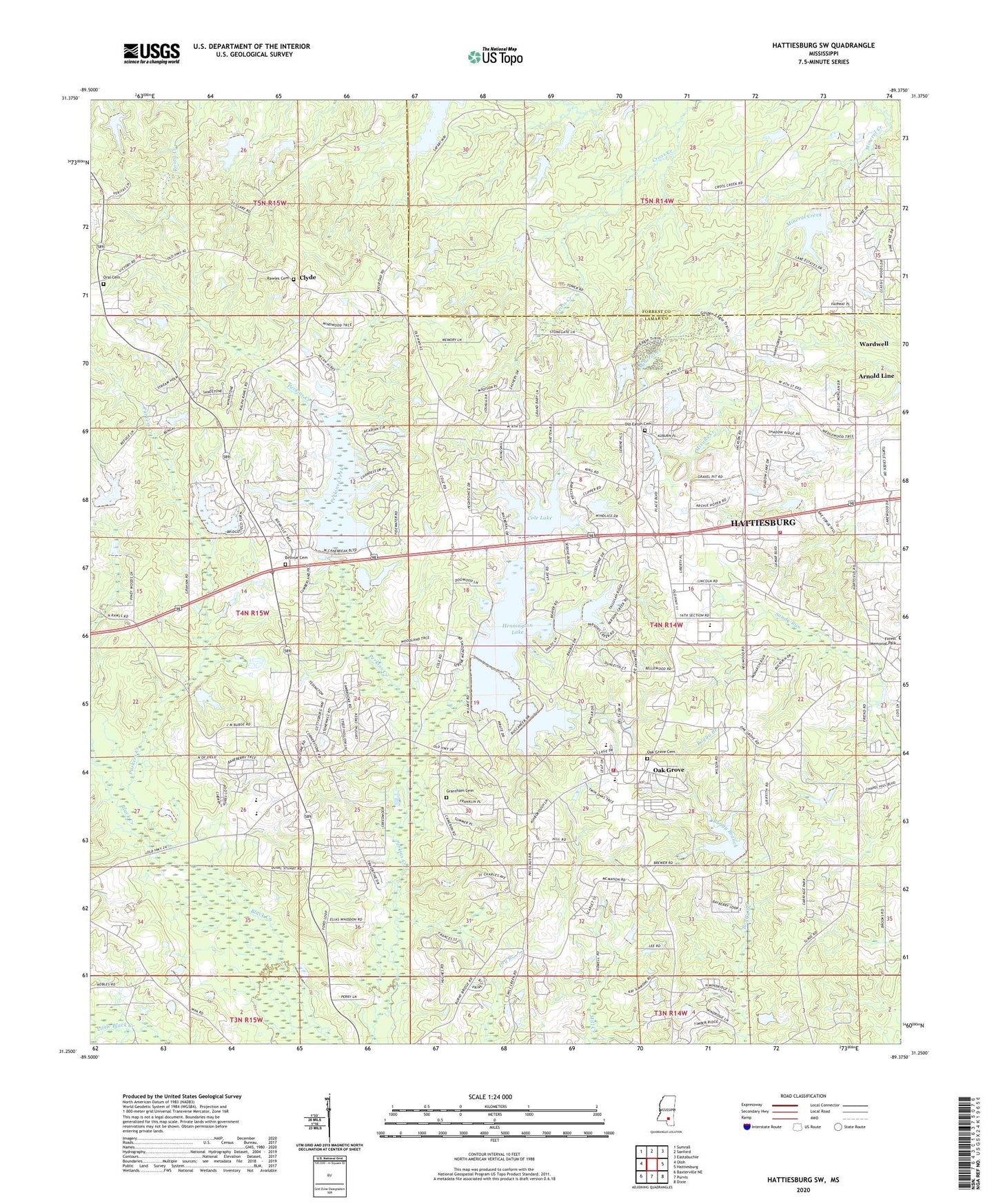 Hattiesburg SW Mississippi US Topo Map Image