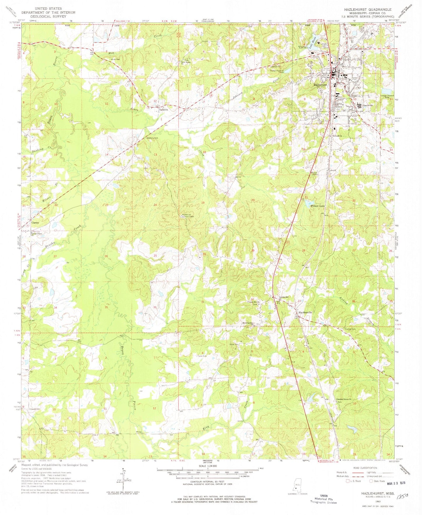 Classic USGS Hazlehurst Mississippi 7.5'x7.5' Topo Map Image