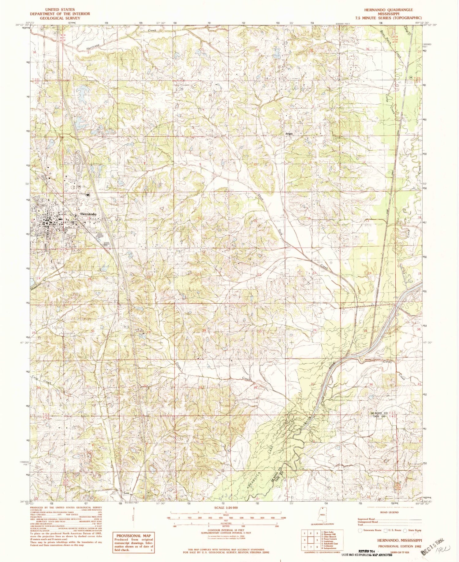 Classic USGS Hernando Mississippi 7.5'x7.5' Topo Map Image
