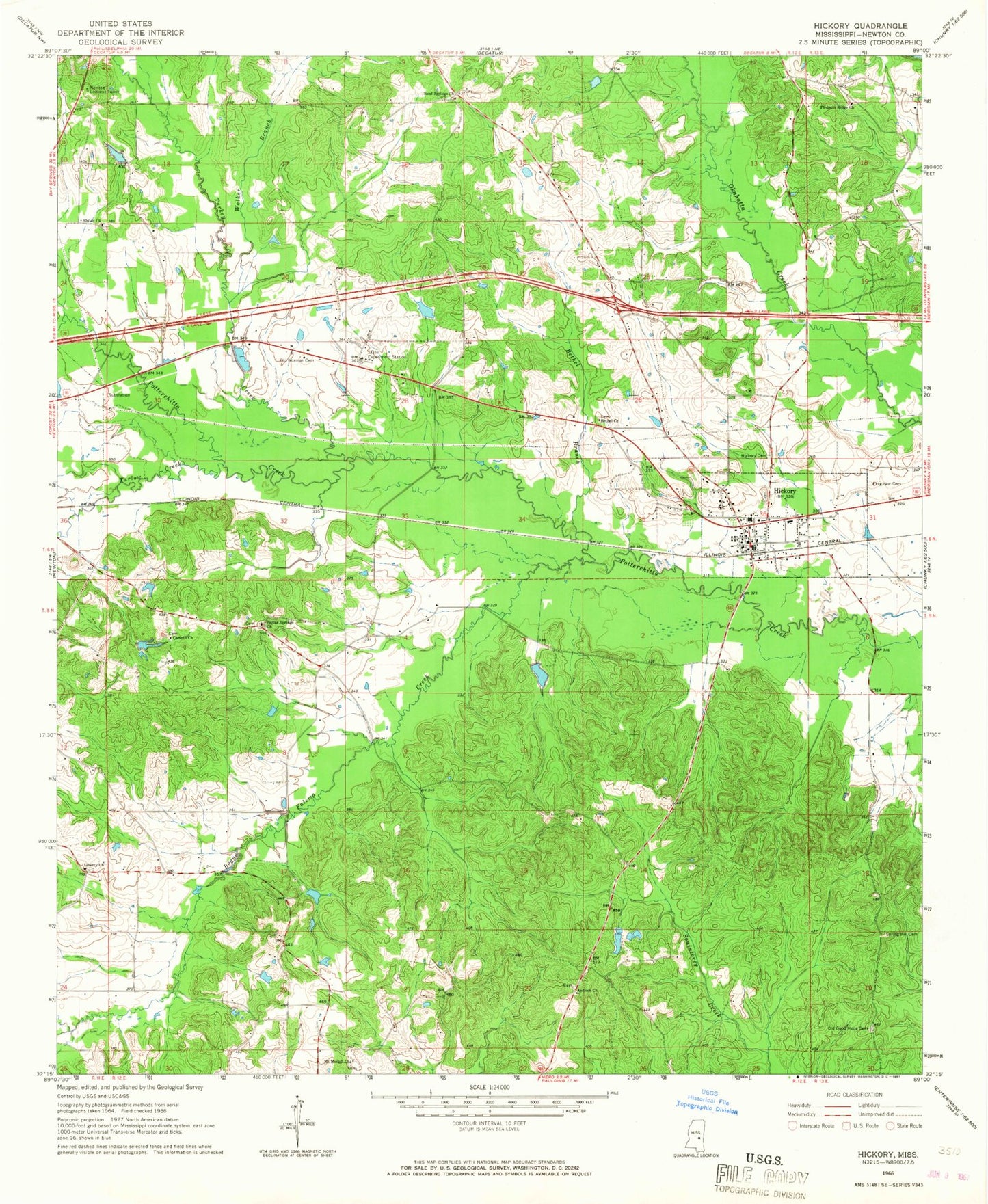 Classic USGS Hickory Mississippi 7.5'x7.5' Topo Map Image