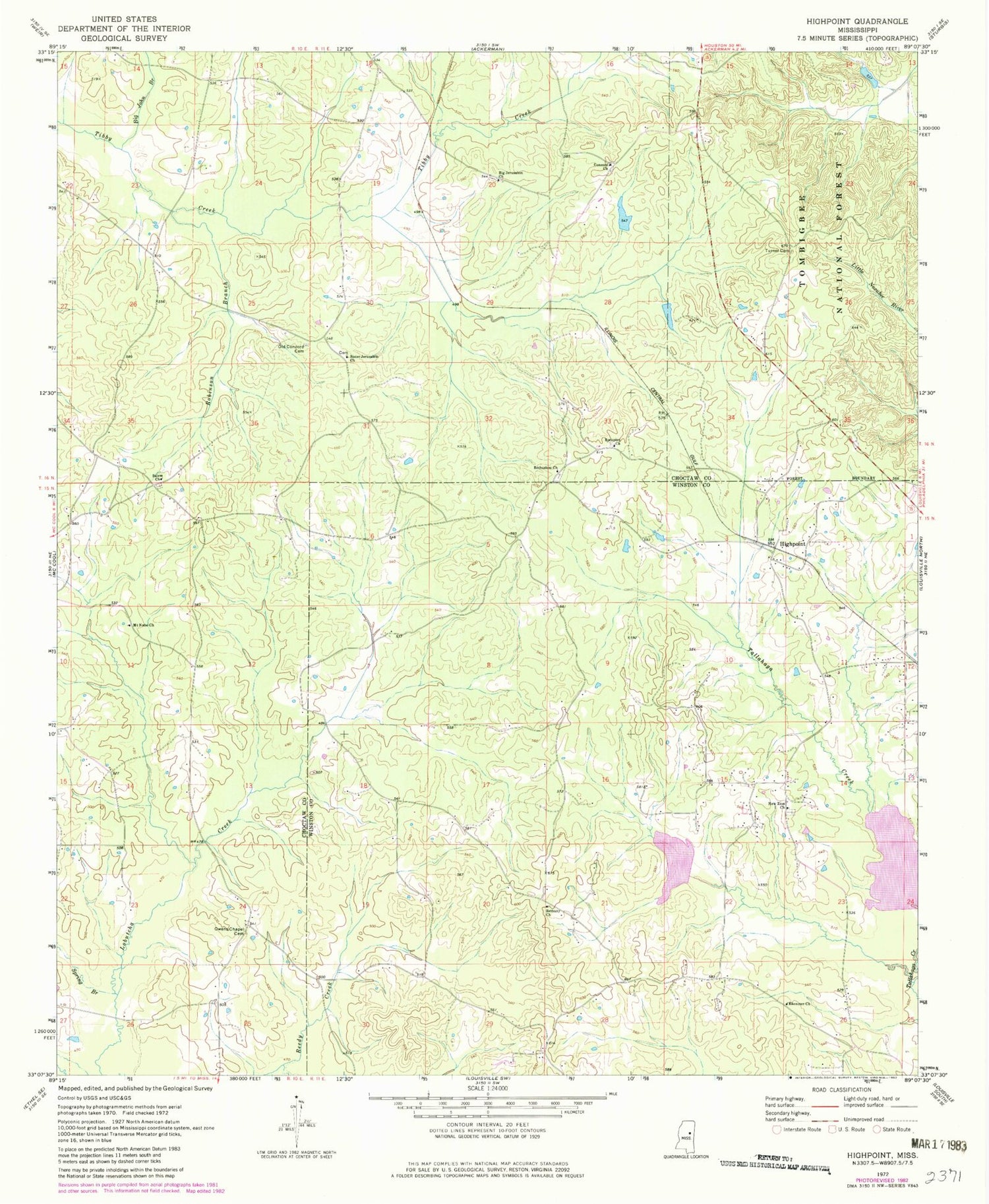 Classic USGS Highpoint Mississippi 7.5'x7.5' Topo Map Image