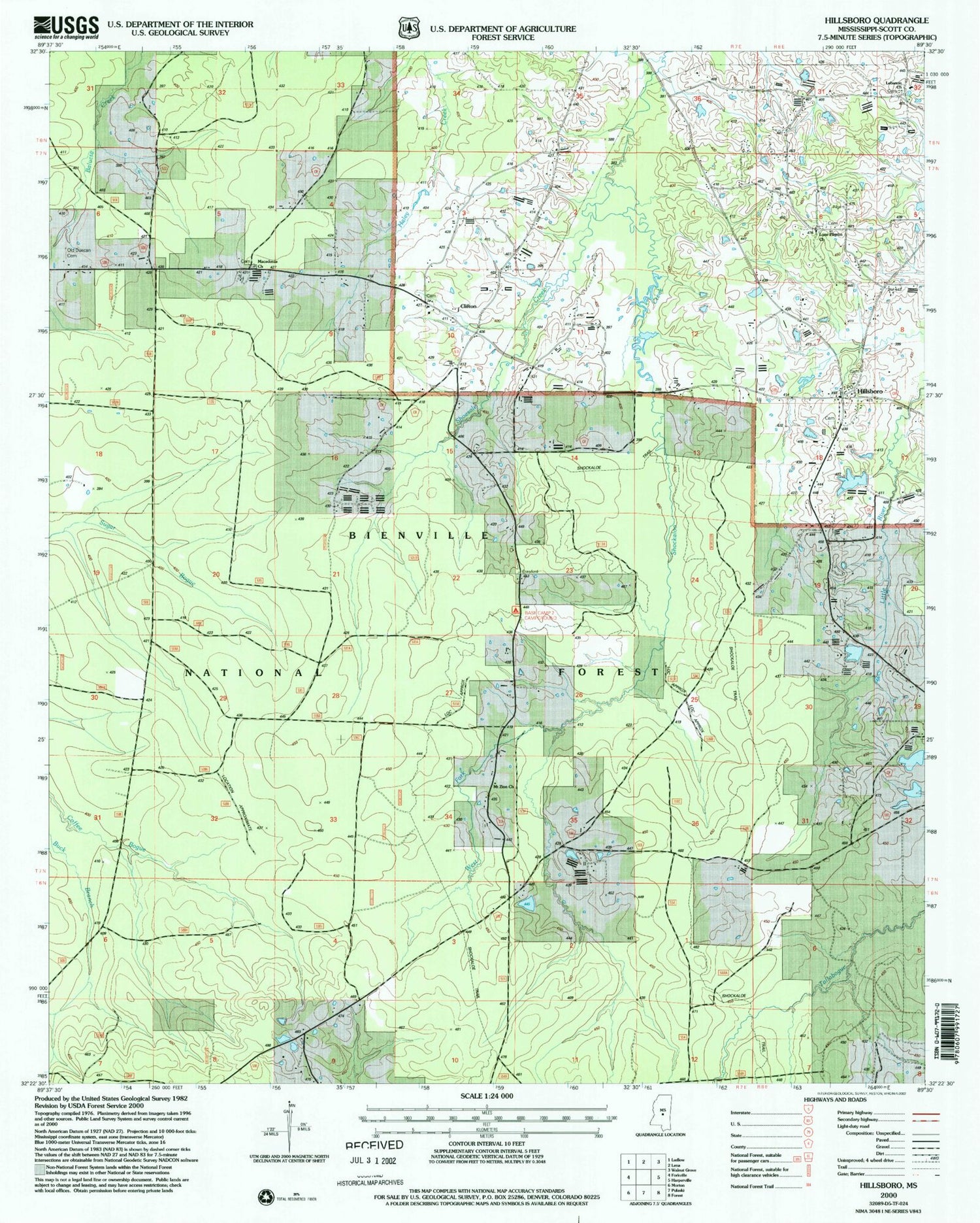Classic USGS Hillsboro Mississippi 7.5'x7.5' Topo Map Image