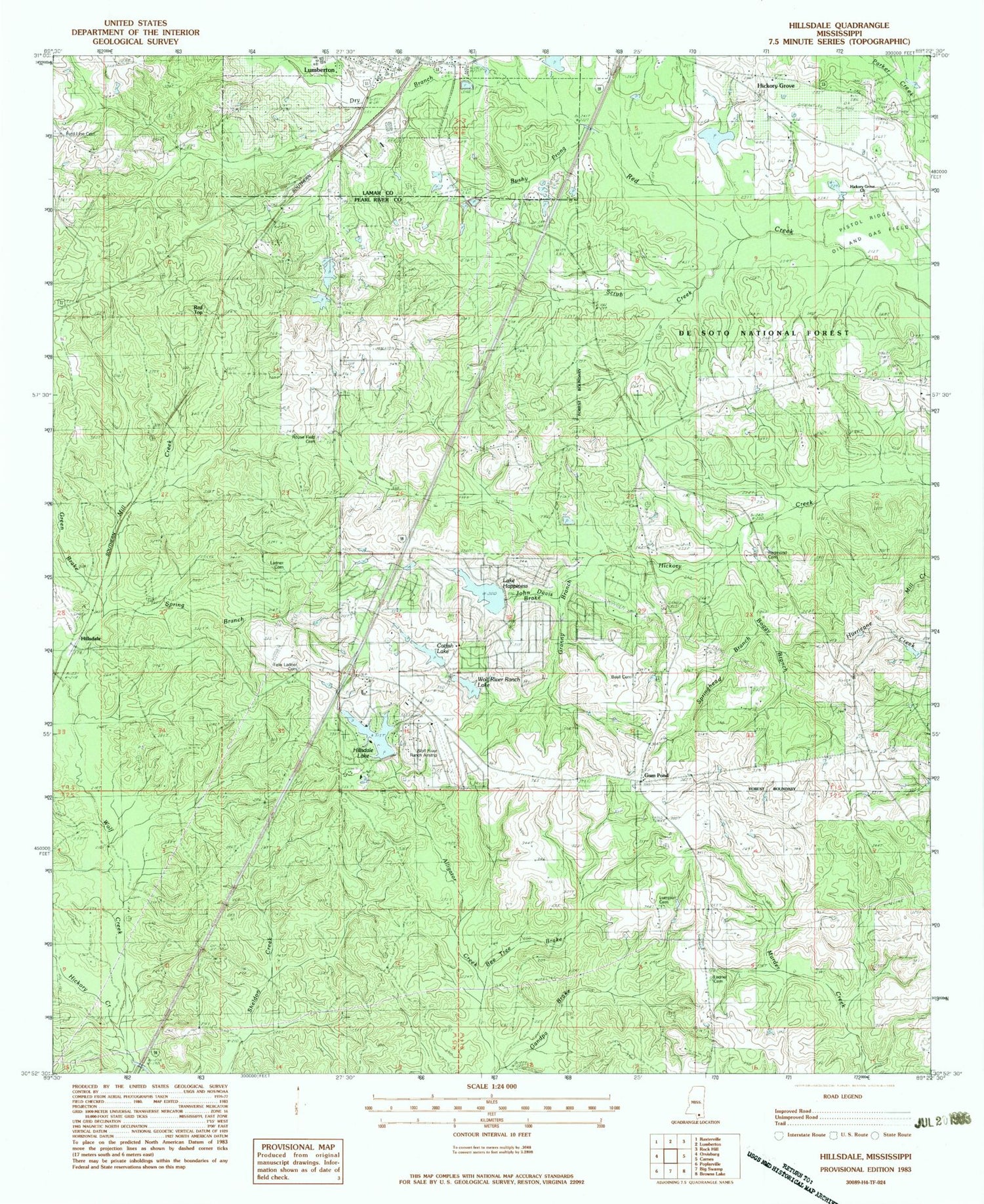 Classic USGS Hillsdale Mississippi 7.5'x7.5' Topo Map Image