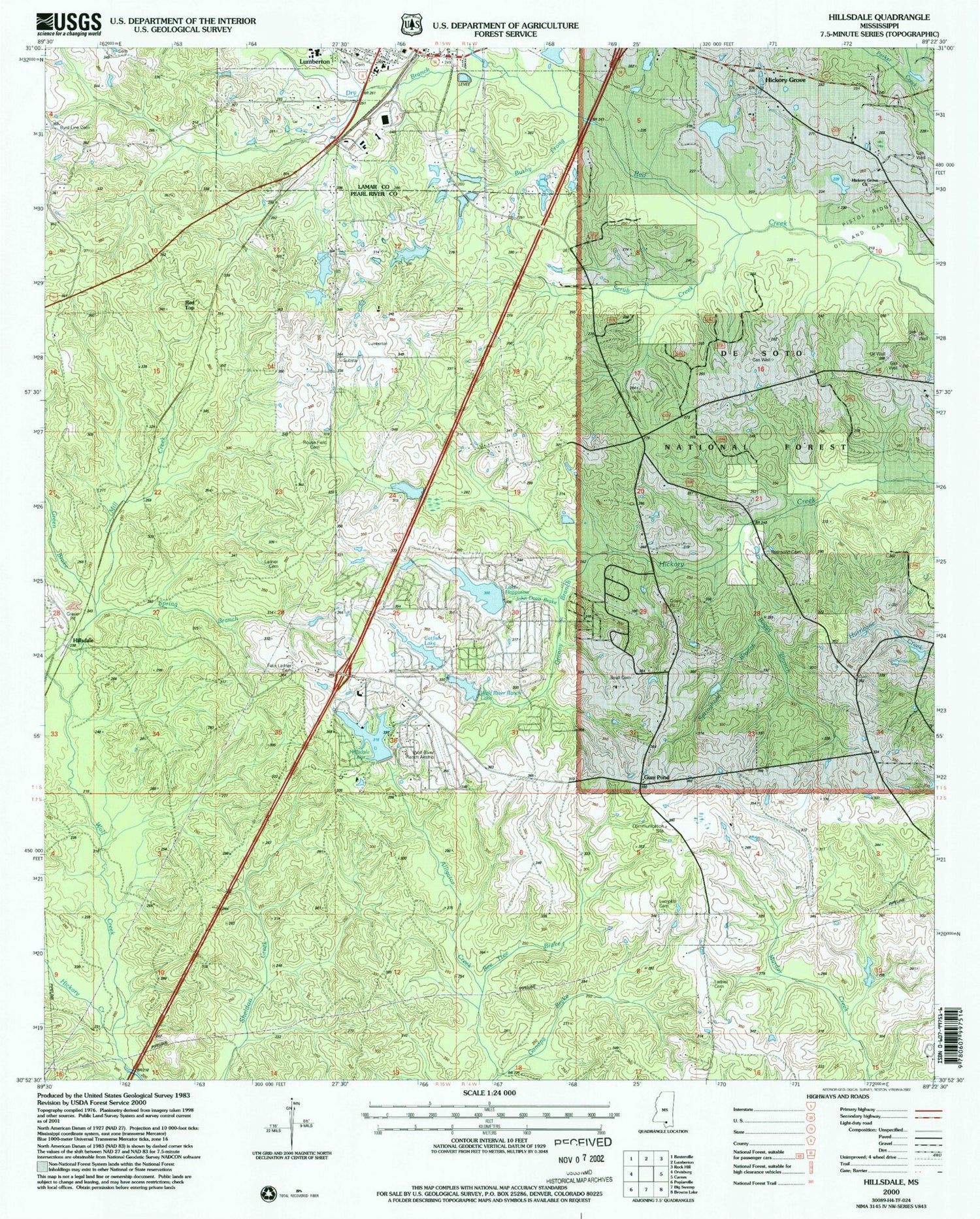 Classic USGS Hillsdale Mississippi 7.5'x7.5' Topo Map Image