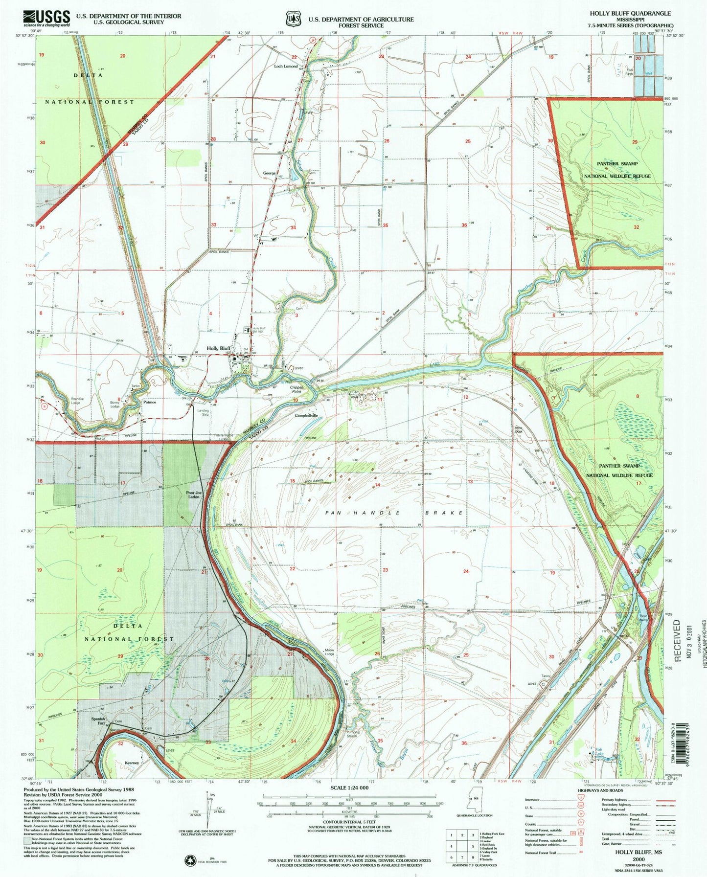 Classic USGS Holly Bluff Mississippi 7.5'x7.5' Topo Map Image