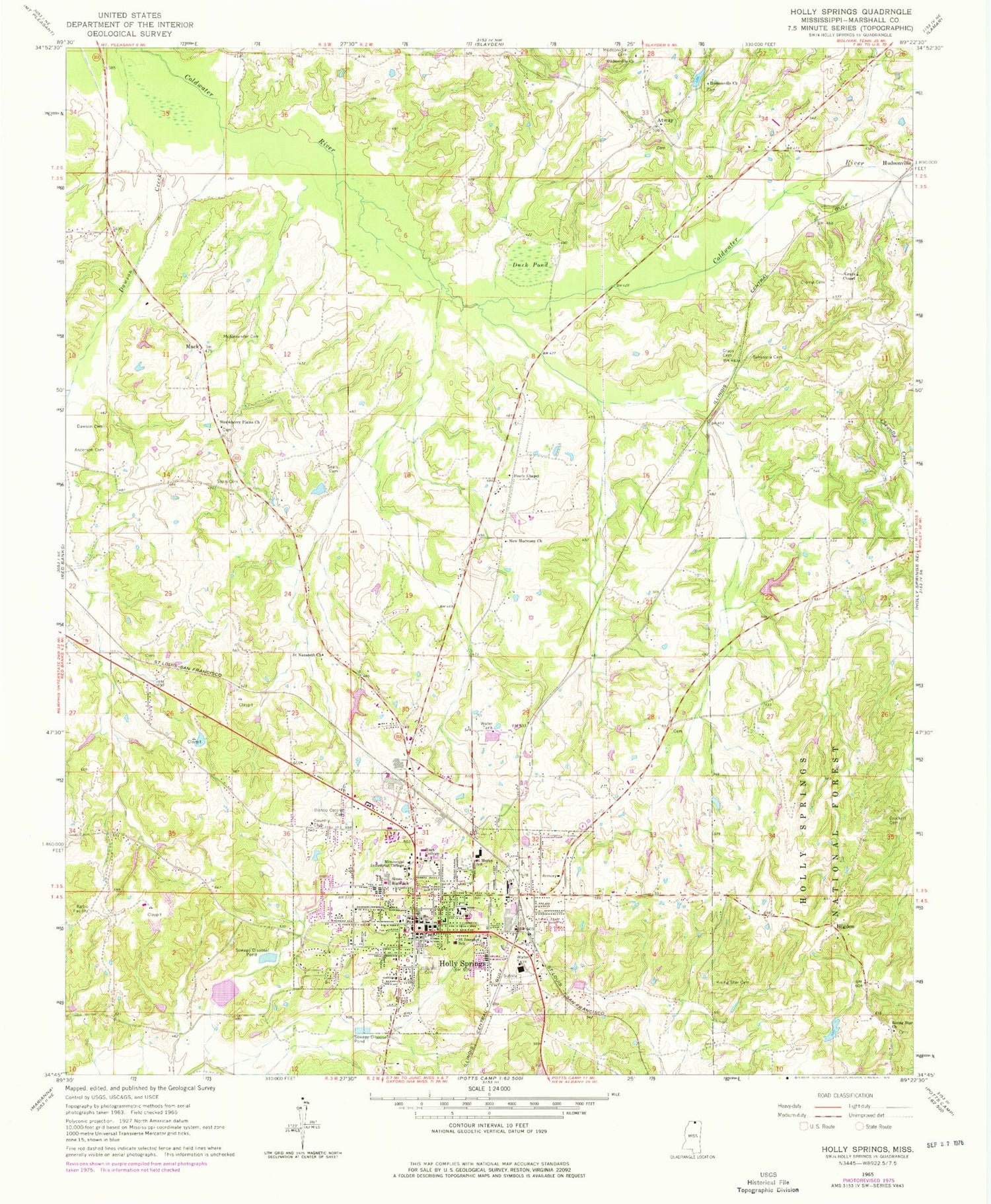 Classic USGS Holly Springs Mississippi 7.5'x7.5' Topo Map Image