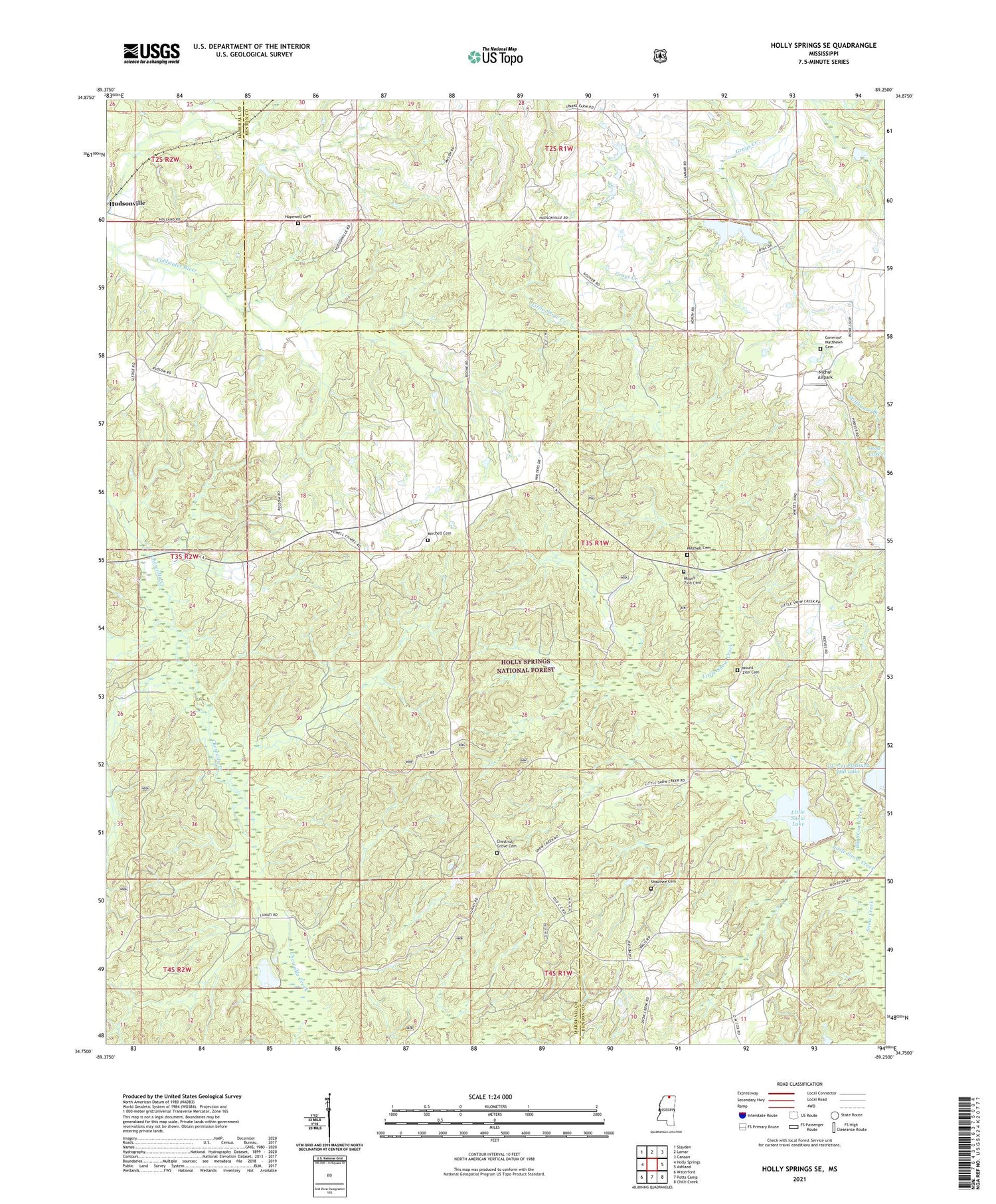 Holly Springs SE Mississippi US Topo Map Image