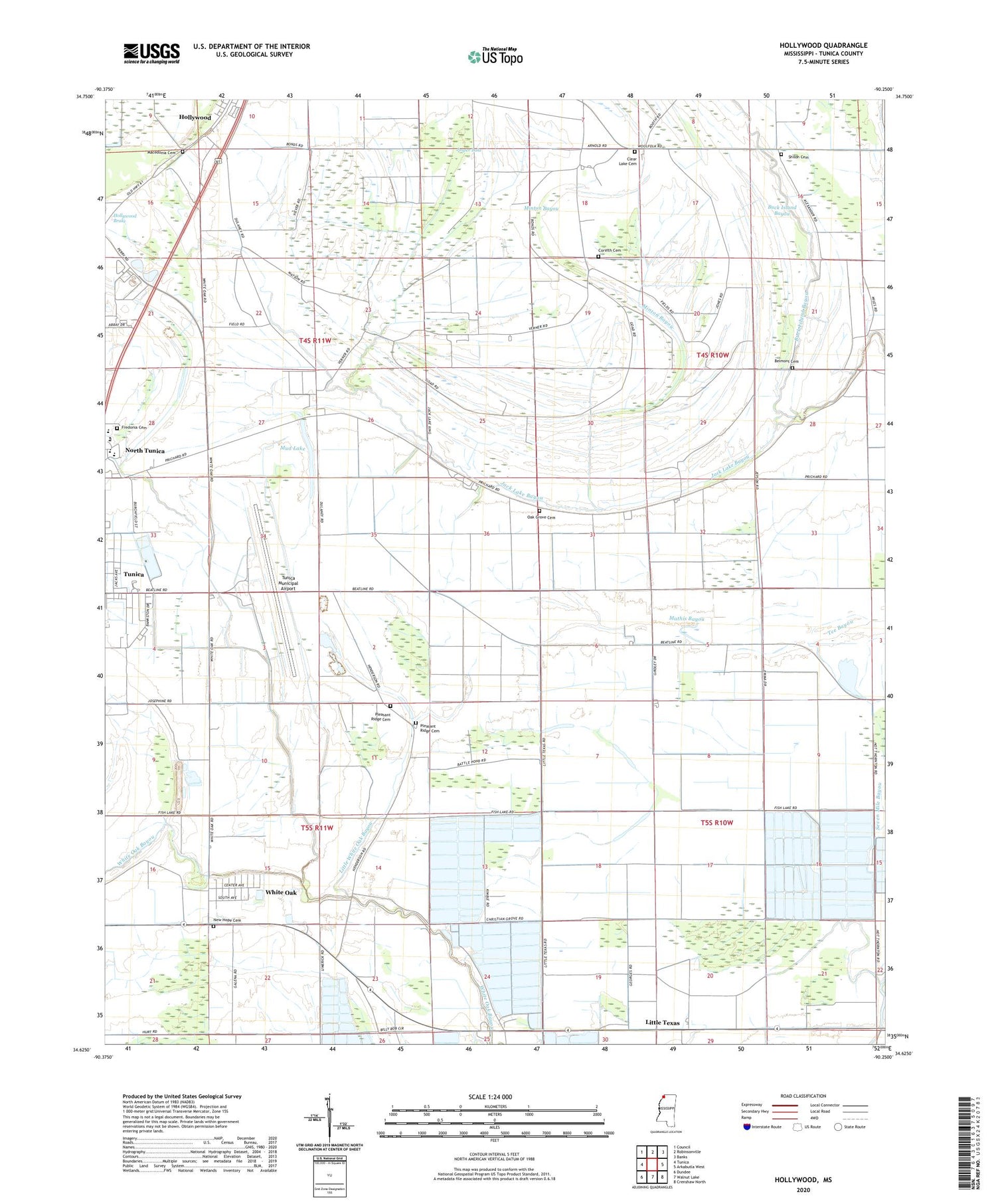 Hollywood Mississippi US Topo Map Image