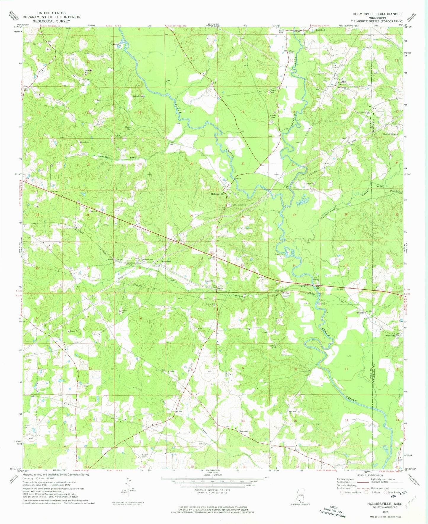Classic USGS Holmesville Mississippi 7.5'x7.5' Topo Map Image