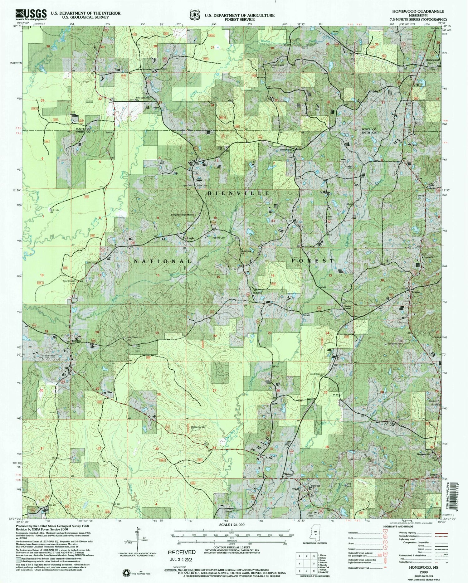 Classic USGS Homewood Mississippi 7.5'x7.5' Topo Map Image
