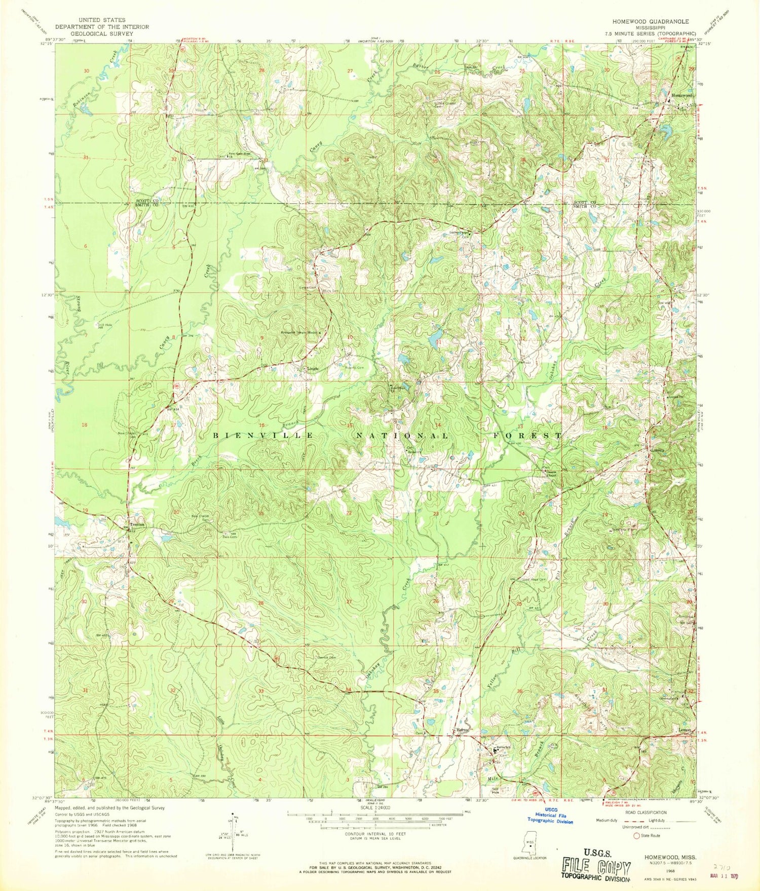 Classic USGS Homewood Mississippi 7.5'x7.5' Topo Map Image