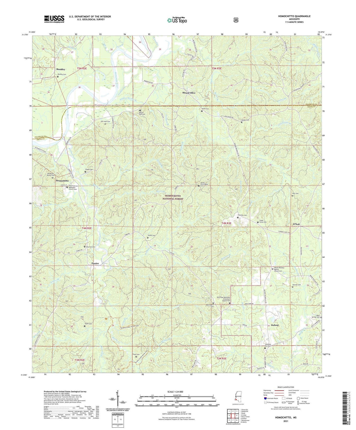 Homochitto Mississippi US Topo Map Image