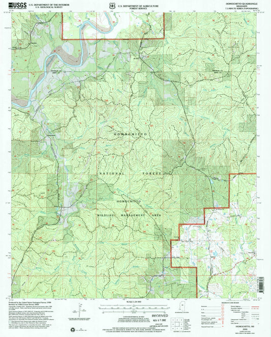 Classic USGS Homochitto Mississippi 7.5'x7.5' Topo Map Image