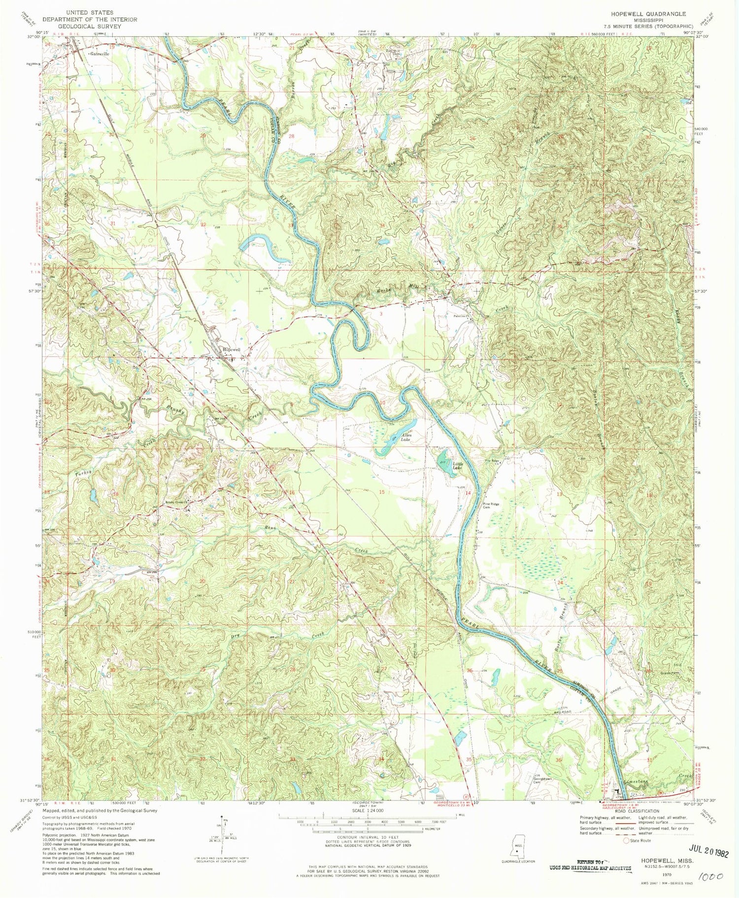 Classic USGS Hopewell Mississippi 7.5'x7.5' Topo Map Image