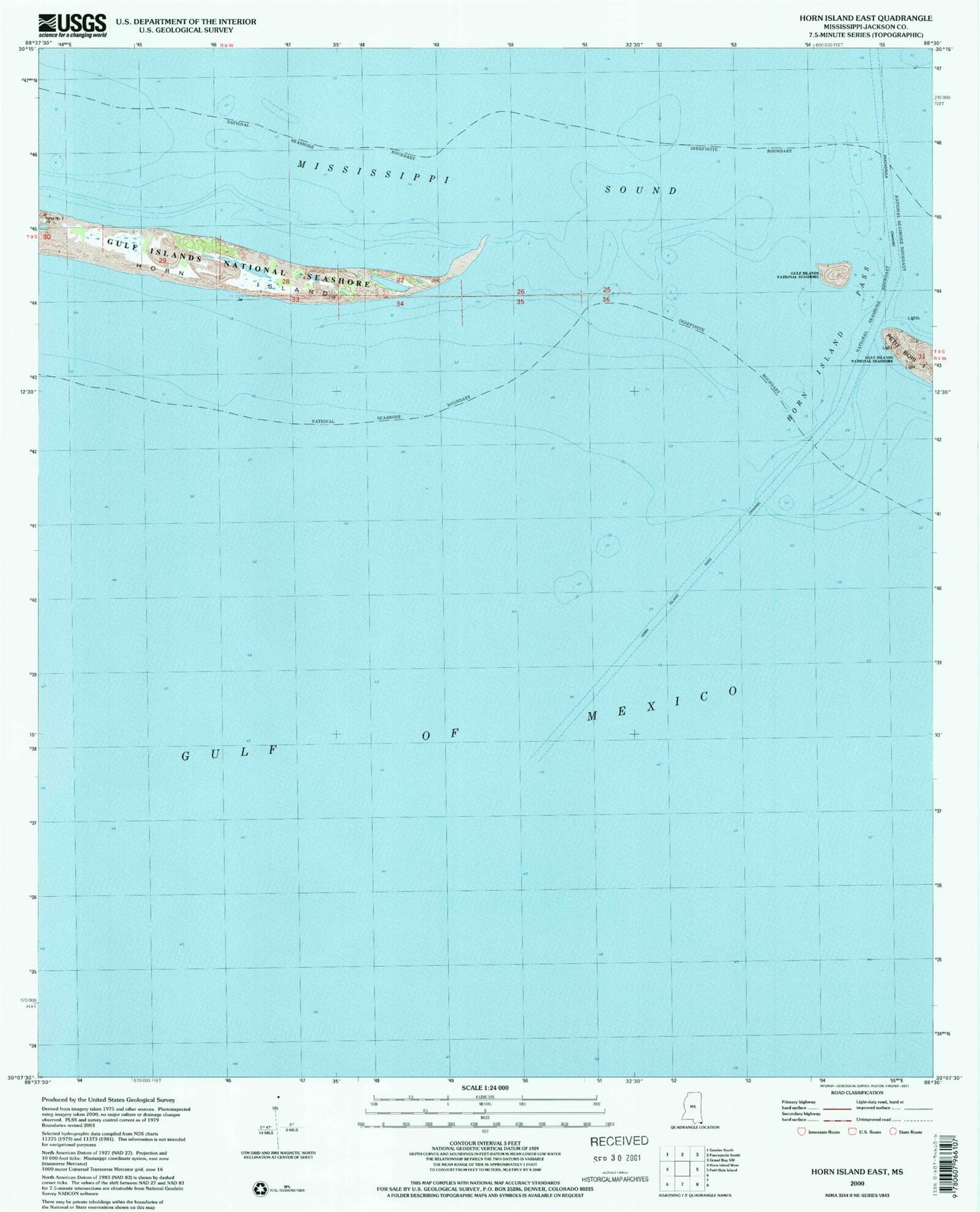 Classic USGS Horn Island East Mississippi 7.5'x7.5' Topo Map Image