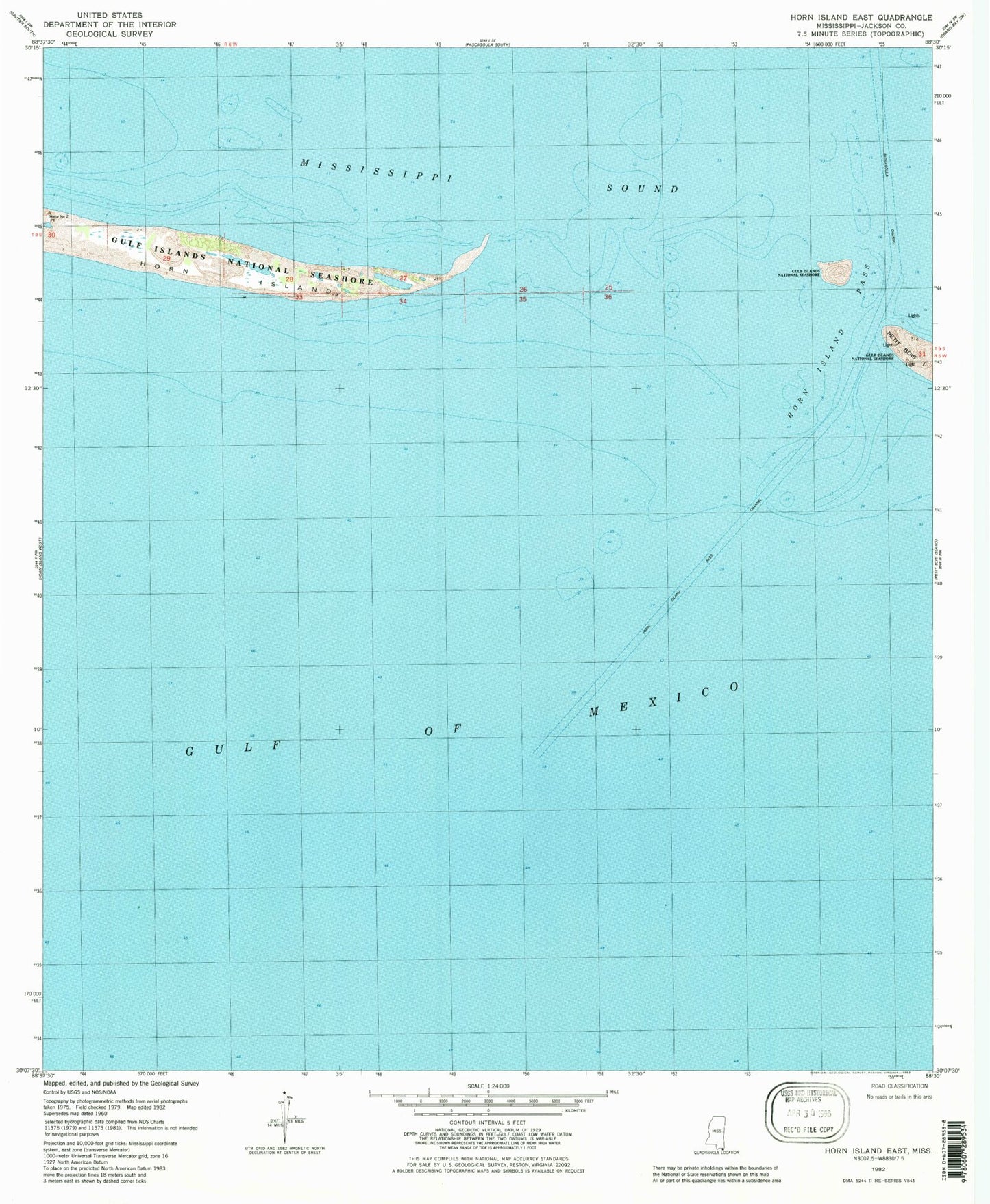 Classic USGS Horn Island East Mississippi 7.5'x7.5' Topo Map Image