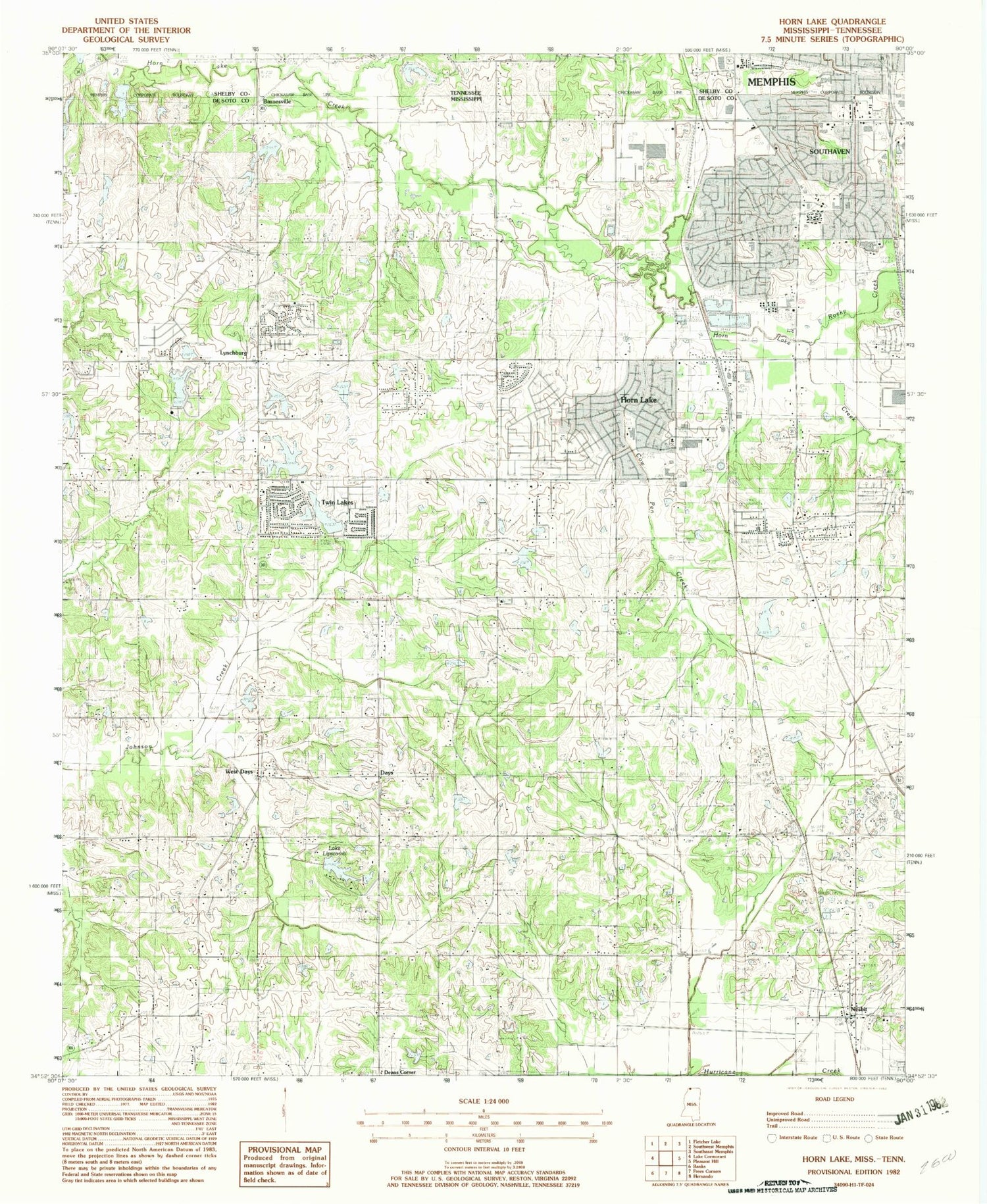 Classic USGS Horn Lake Mississippi 7.5'x7.5' Topo Map Image