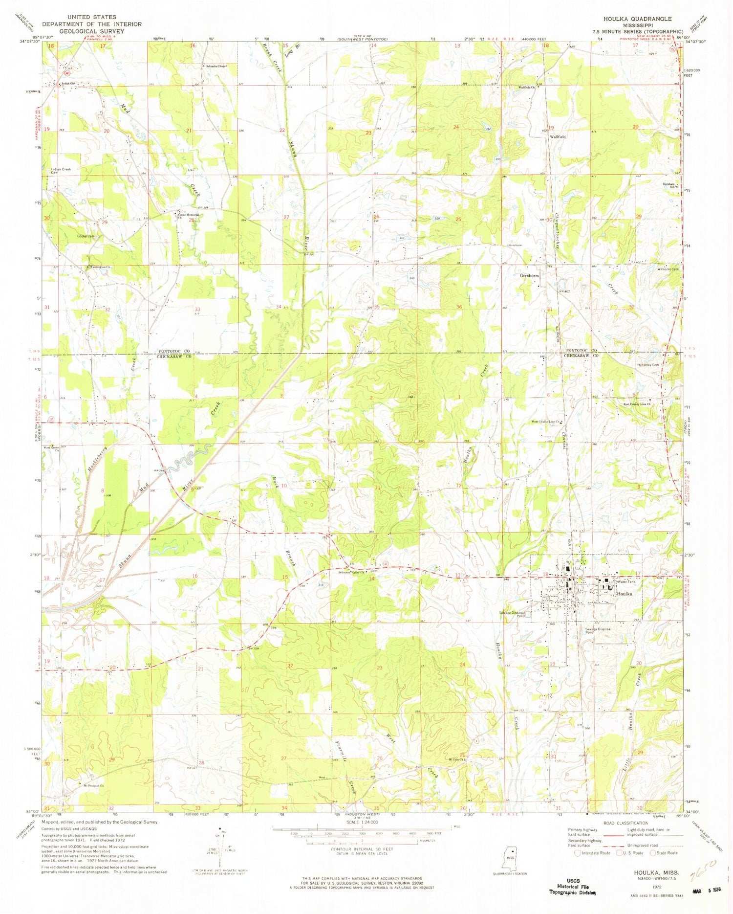 Classic USGS Houlka Mississippi 7.5'x7.5' Topo Map Image