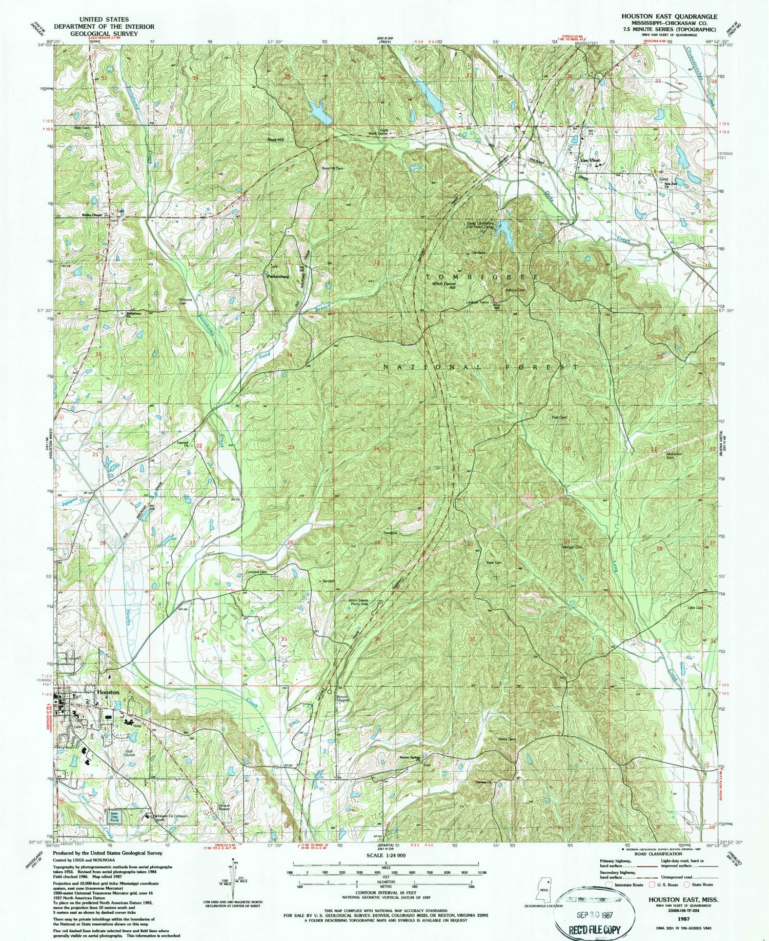 Classic USGS Houston East Mississippi 7.5'x7.5' Topo Map Image