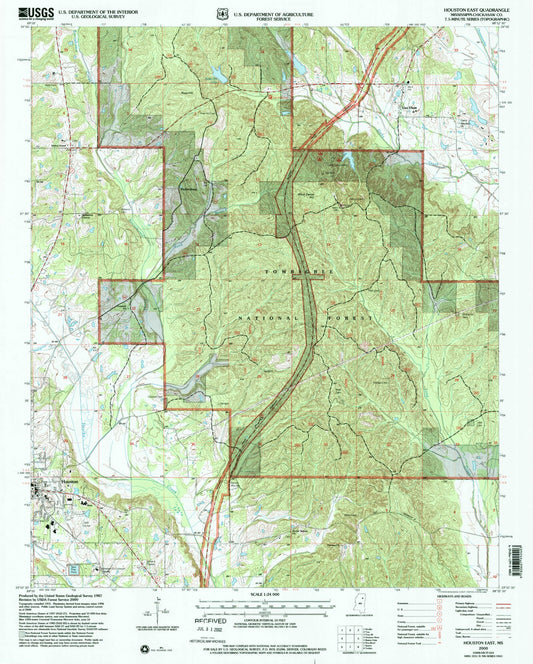 Classic USGS Houston East Mississippi 7.5'x7.5' Topo Map Image