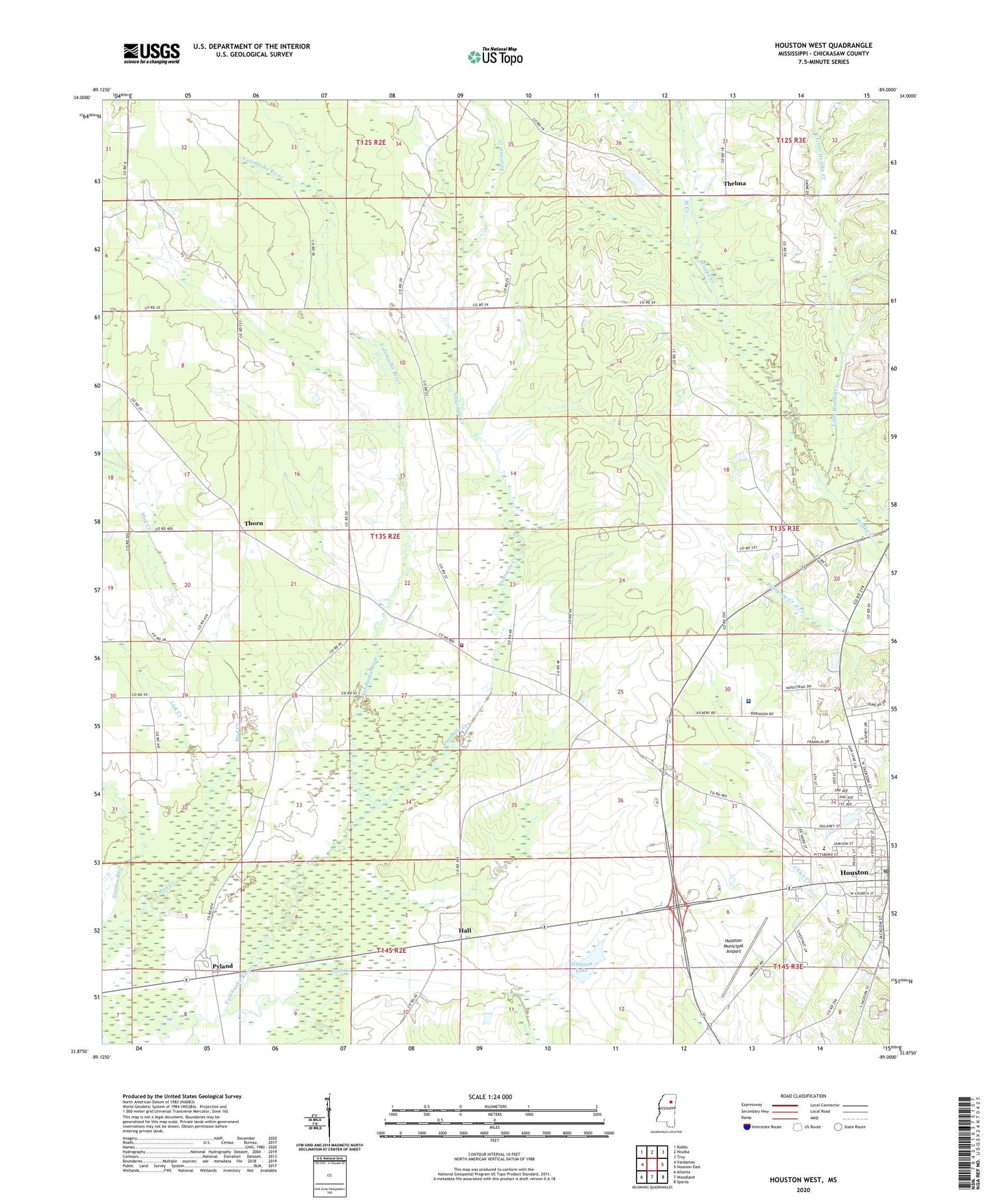 Houston West Mississippi US Topo Map Image